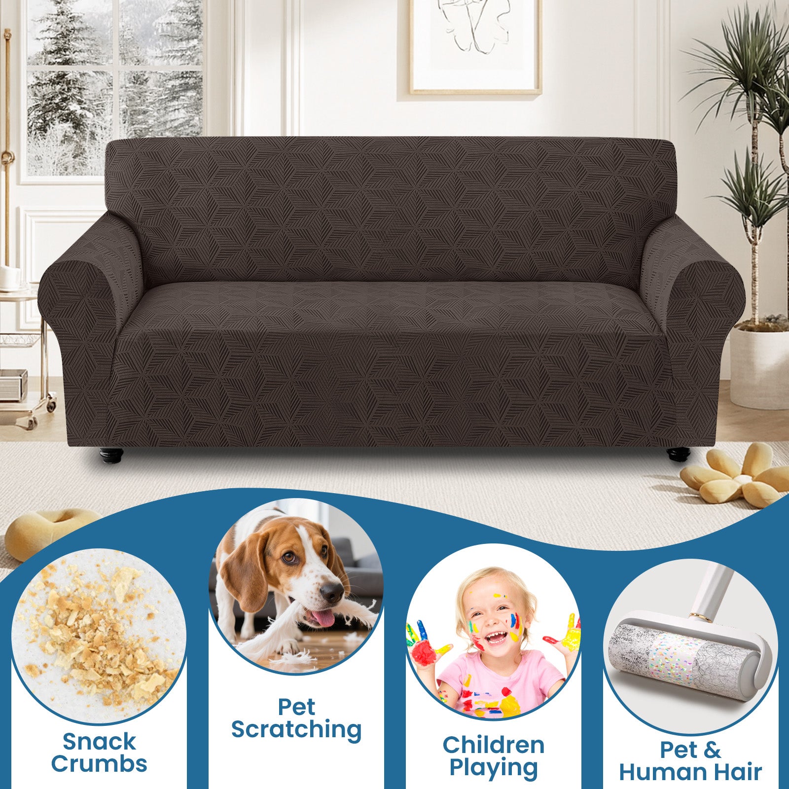 Ystyle Stretch 4 Seater Sofa Cover with Armrests Geometric Pattern Anti Slip-YSTYLE