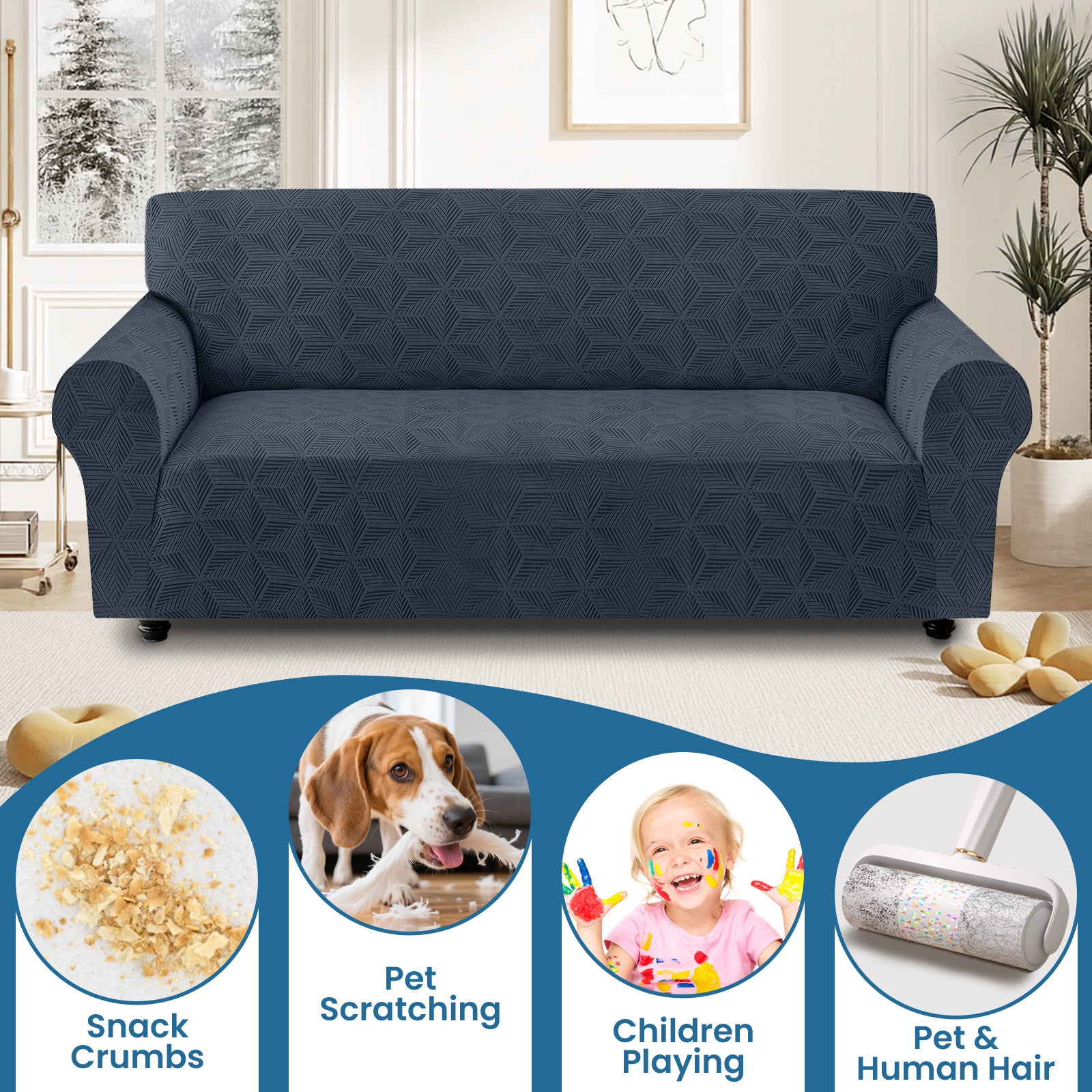 Ystyle Stretch 4 Seater Sofa Cover with Armrests Geometric Pattern Anti Slip-YSTYLE