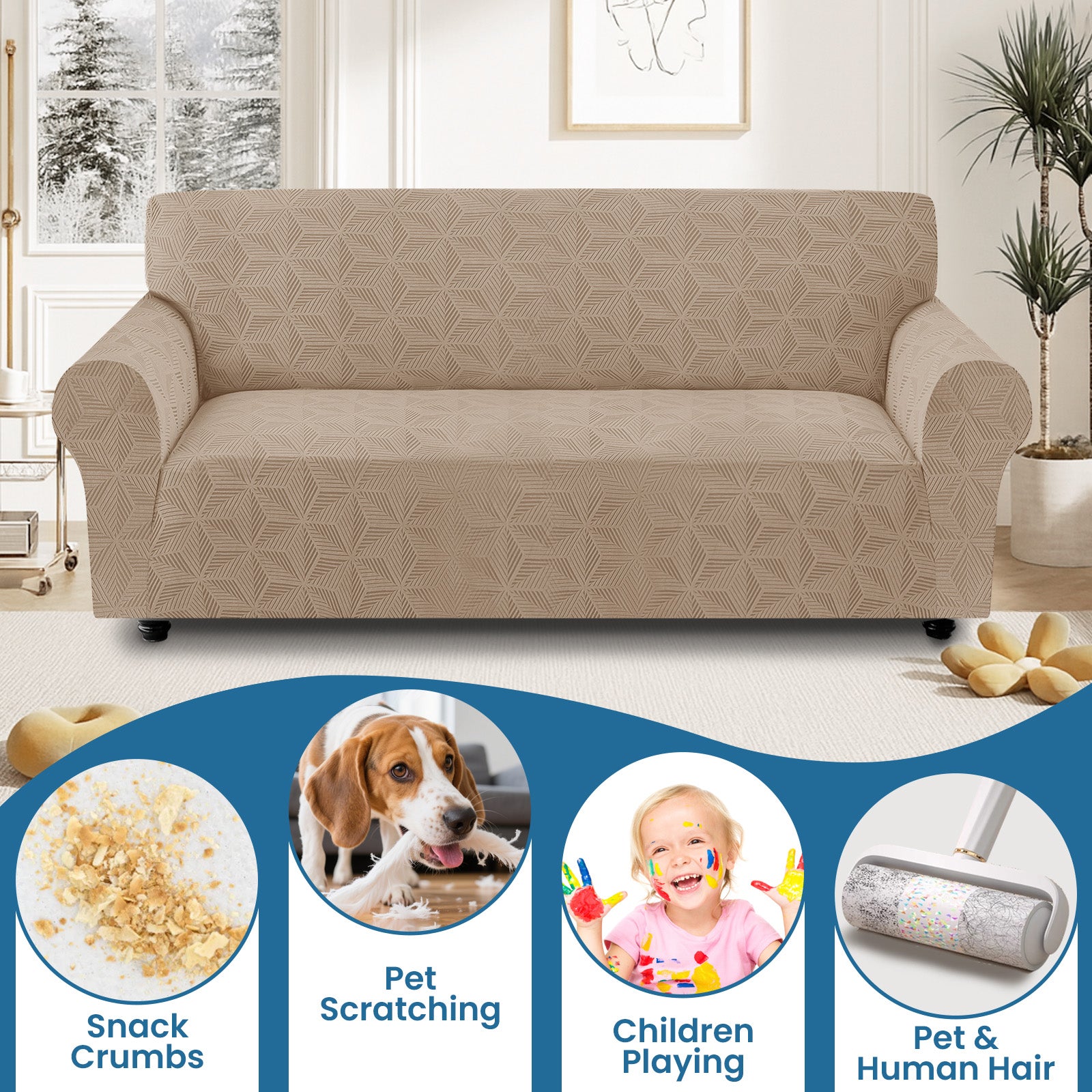 Ystyle Stretch 4 Seater Sofa Cover with Armrests Geometric Pattern Anti Slip-YSTYLE