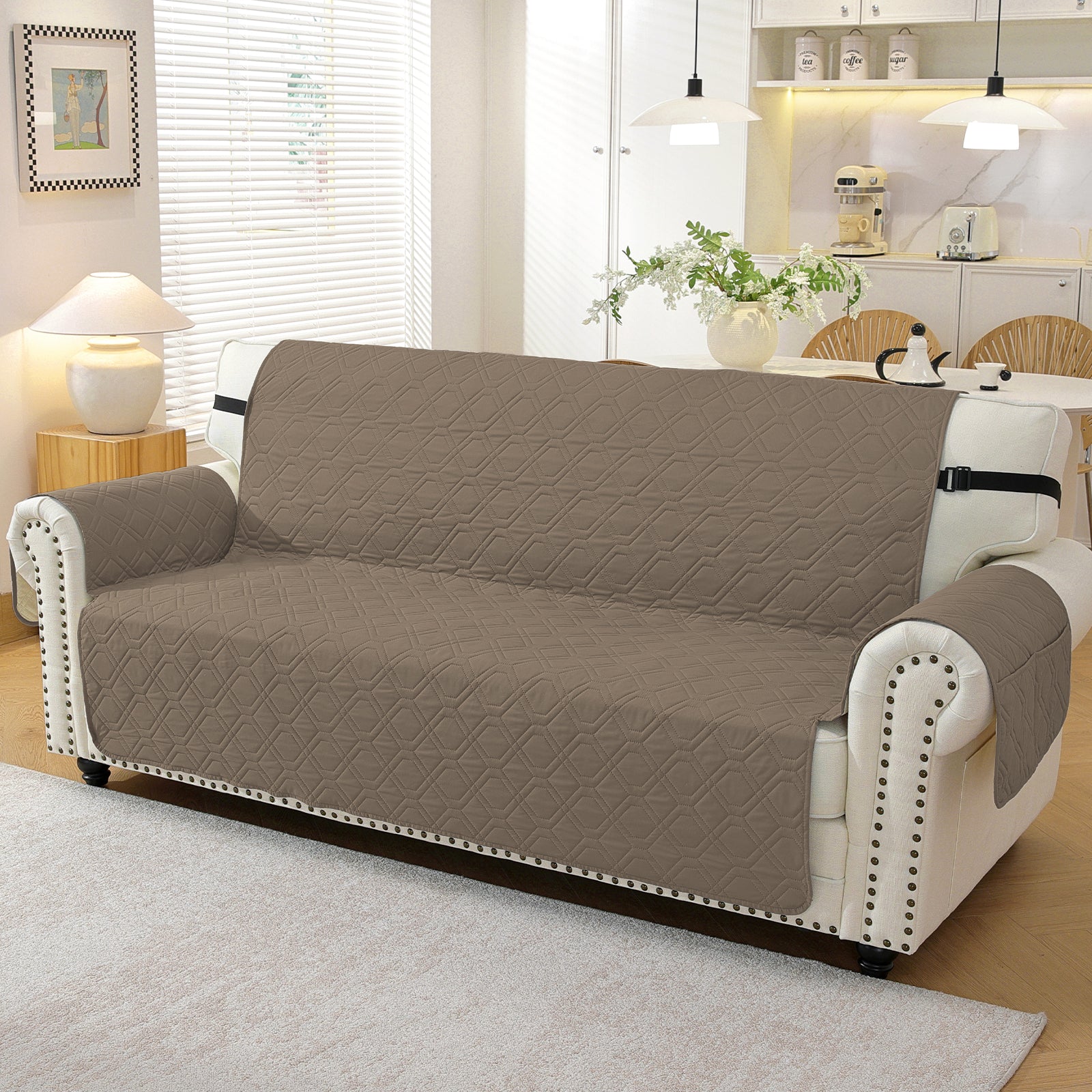 4 Seater Sofa Cover with Armrests Waterproof Anti Slip Pockets