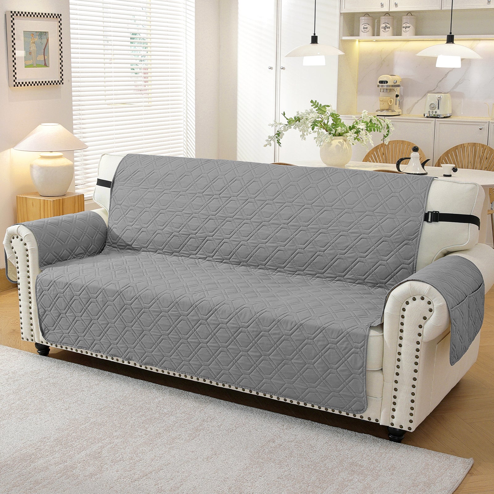 4 Seater Sofa Cover with Armrests Waterproof Anti Slip Pockets