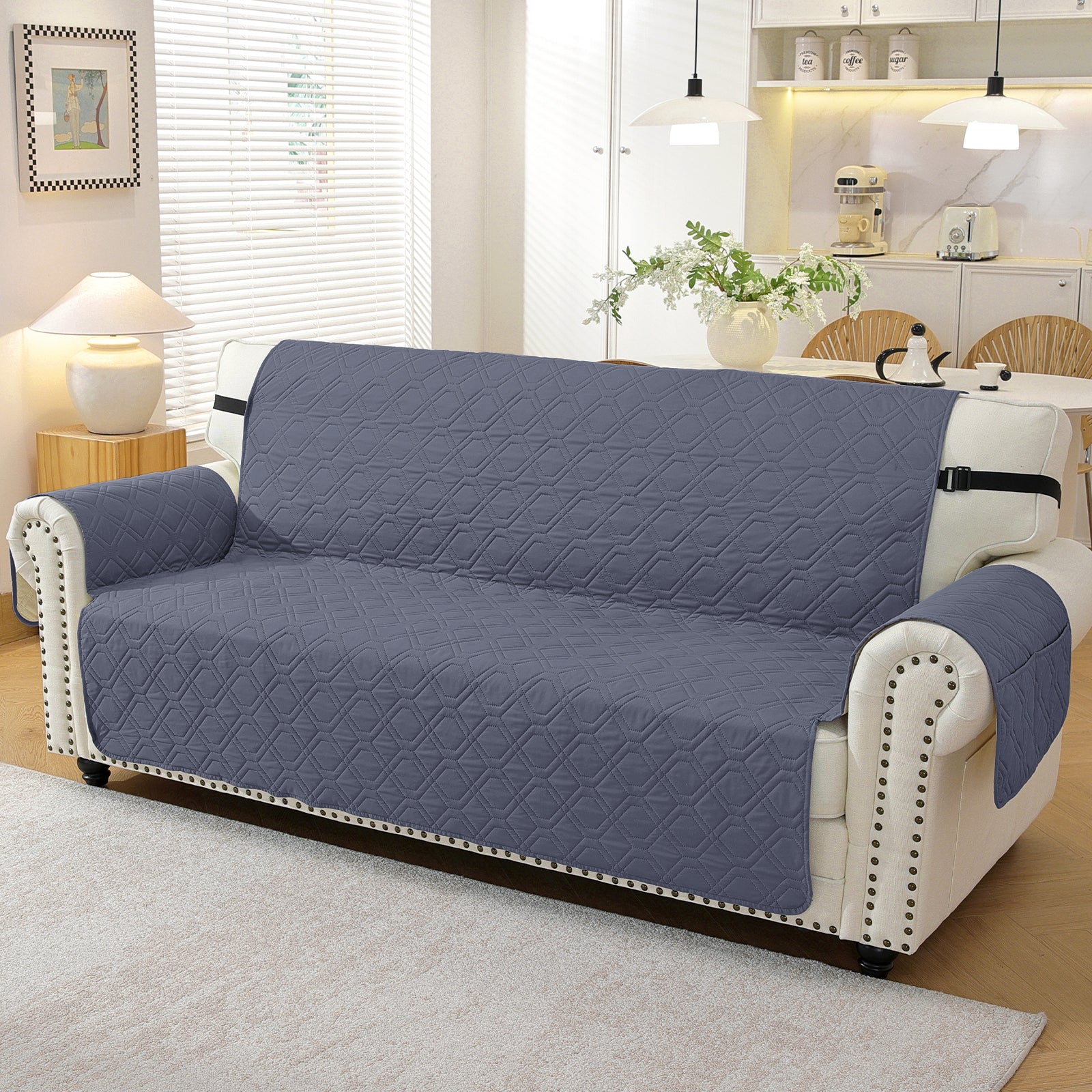 4 Seater Sofa Cover with Armrests Waterproof Anti Slip Pockets