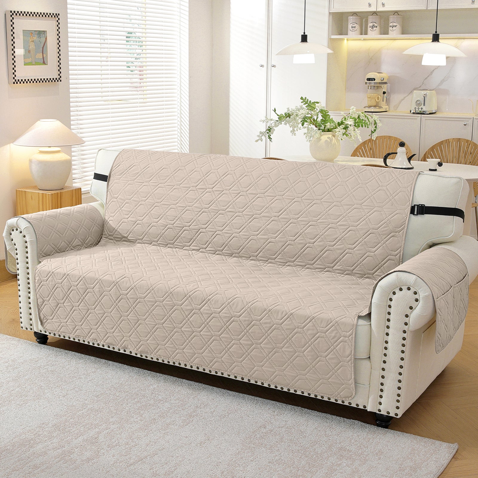 4 Seater Sofa Cover with Armrests Waterproof Anti Slip Pockets