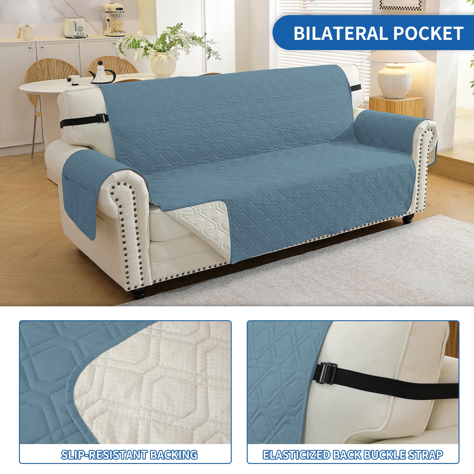 4 Seater Sofa Cover with Armrests Waterproof Anti Slip Pockets