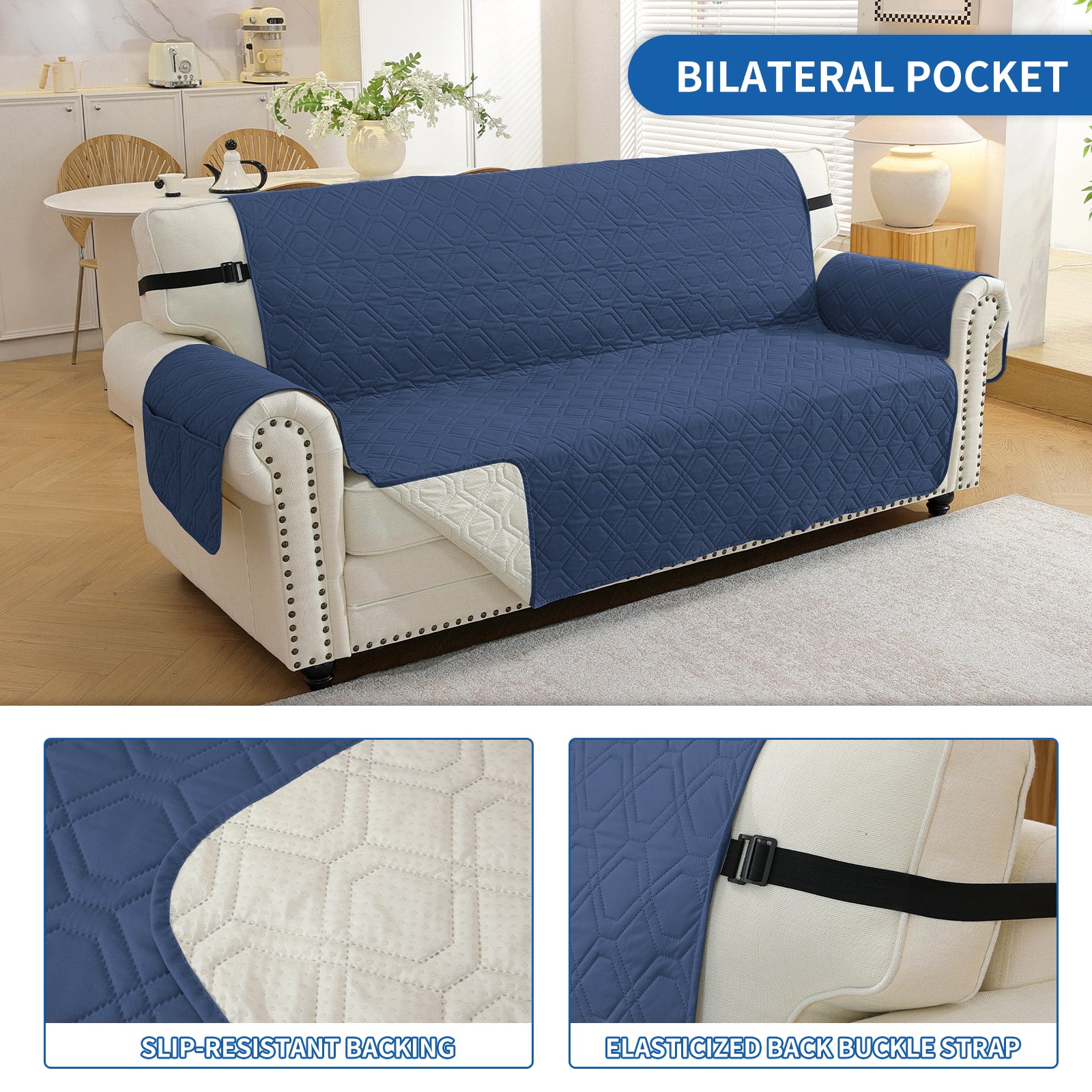 4 Seater Sofa Cover with Armrests Waterproof Anti Slip Pockets