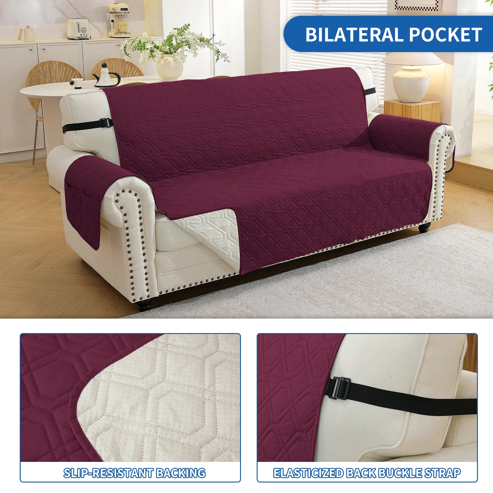 4 Seater Sofa Cover with Armrests Waterproof Anti Slip Pockets