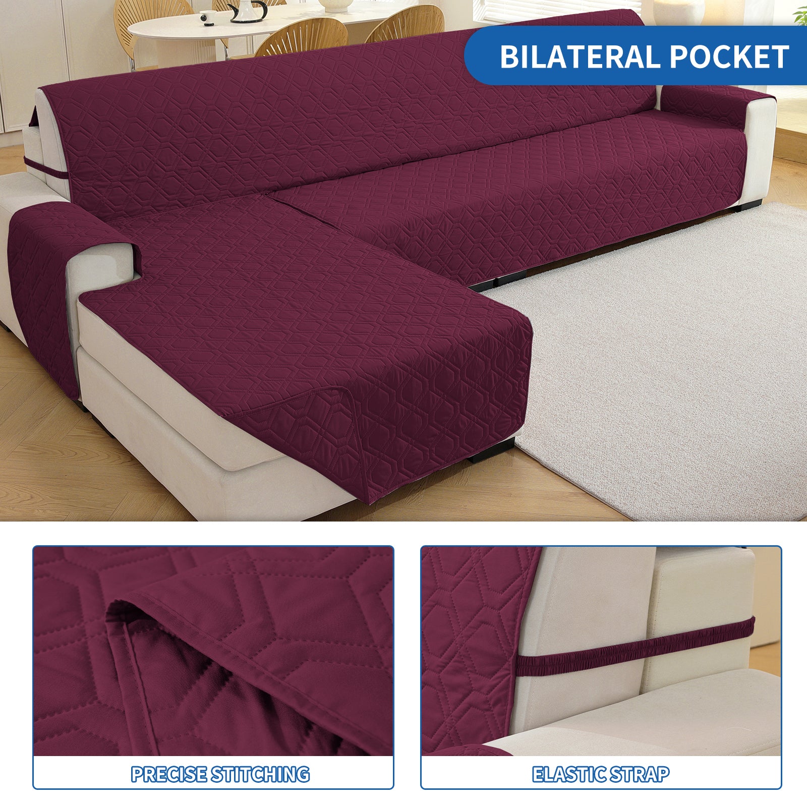 2 Seater Chaise canapé couverture imperméable Reversible antidérapant