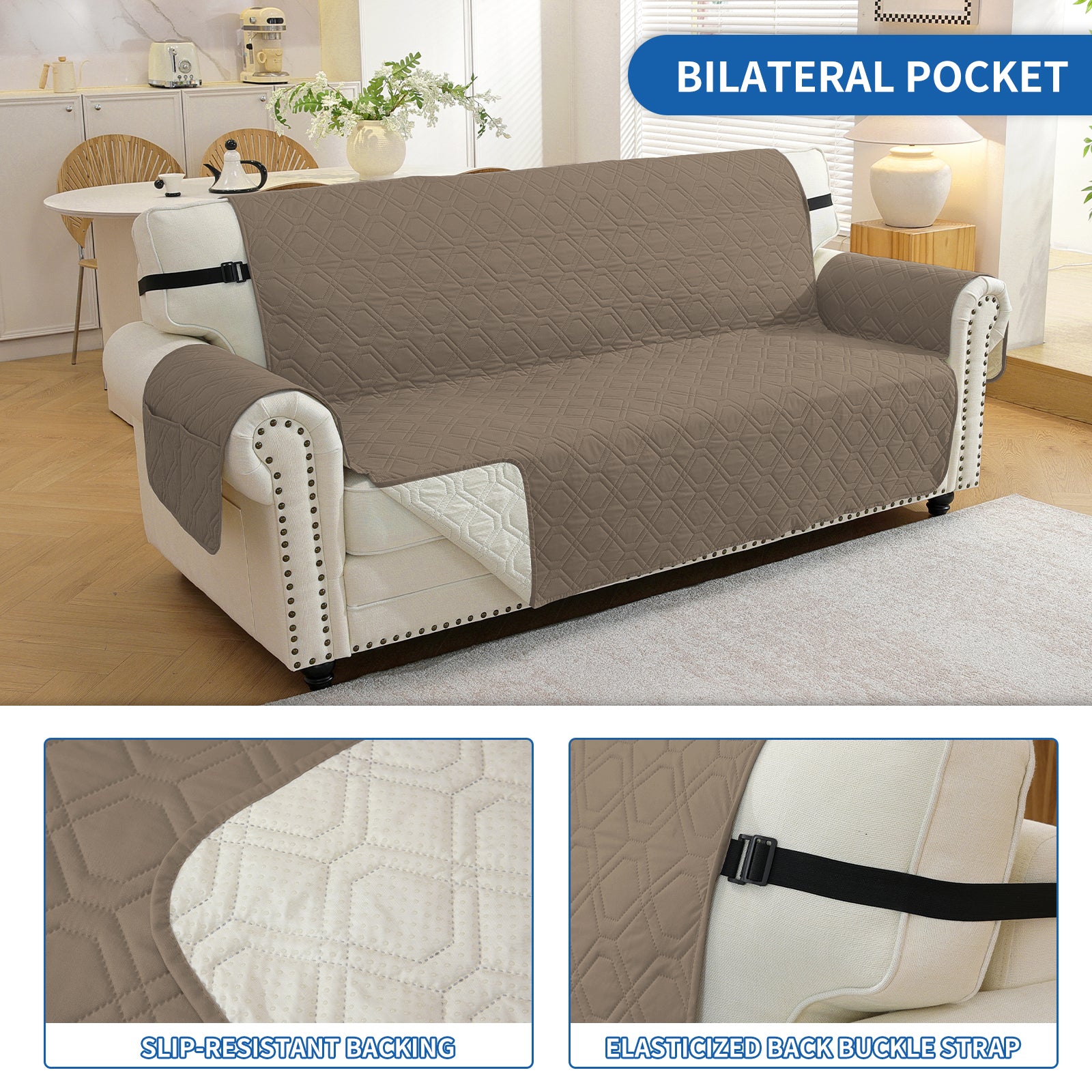 4 Seater Sofa Cover with Armrests Waterproof Anti Slip Pockets