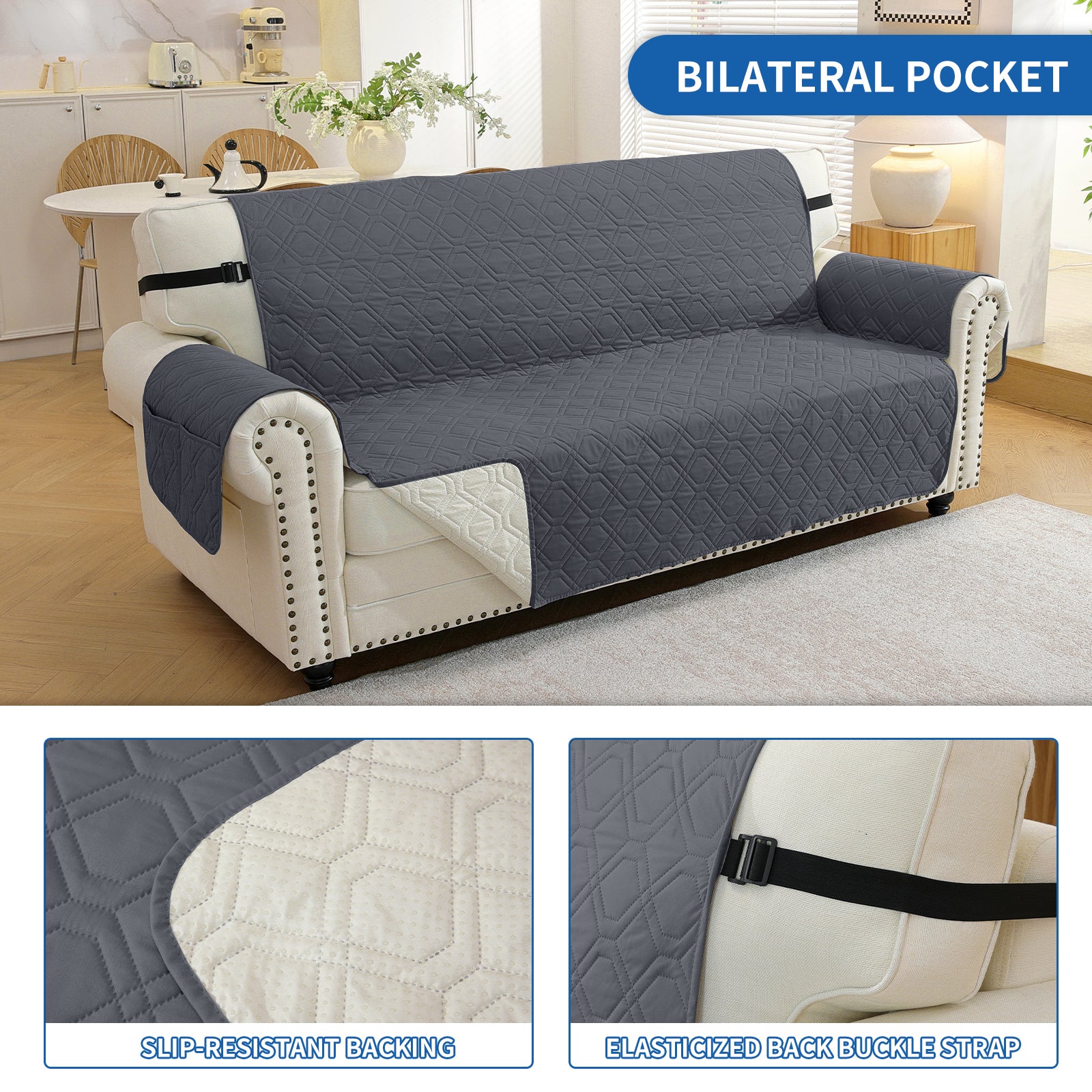 4 Seater Sofa Cover with Armrests Waterproof Anti Slip Pockets