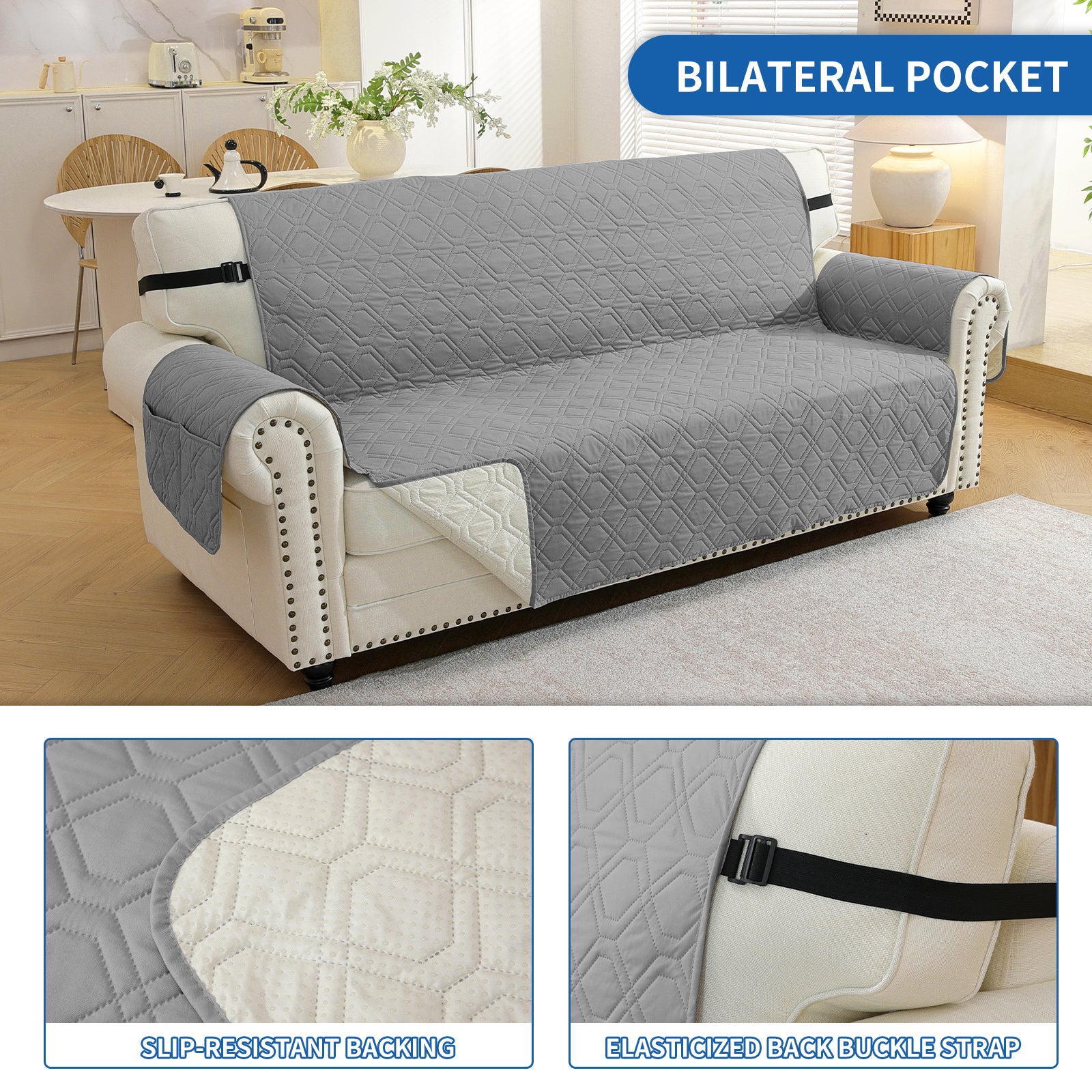 4 Seater Sofa Cover with Armrests Waterproof Anti Slip Pockets