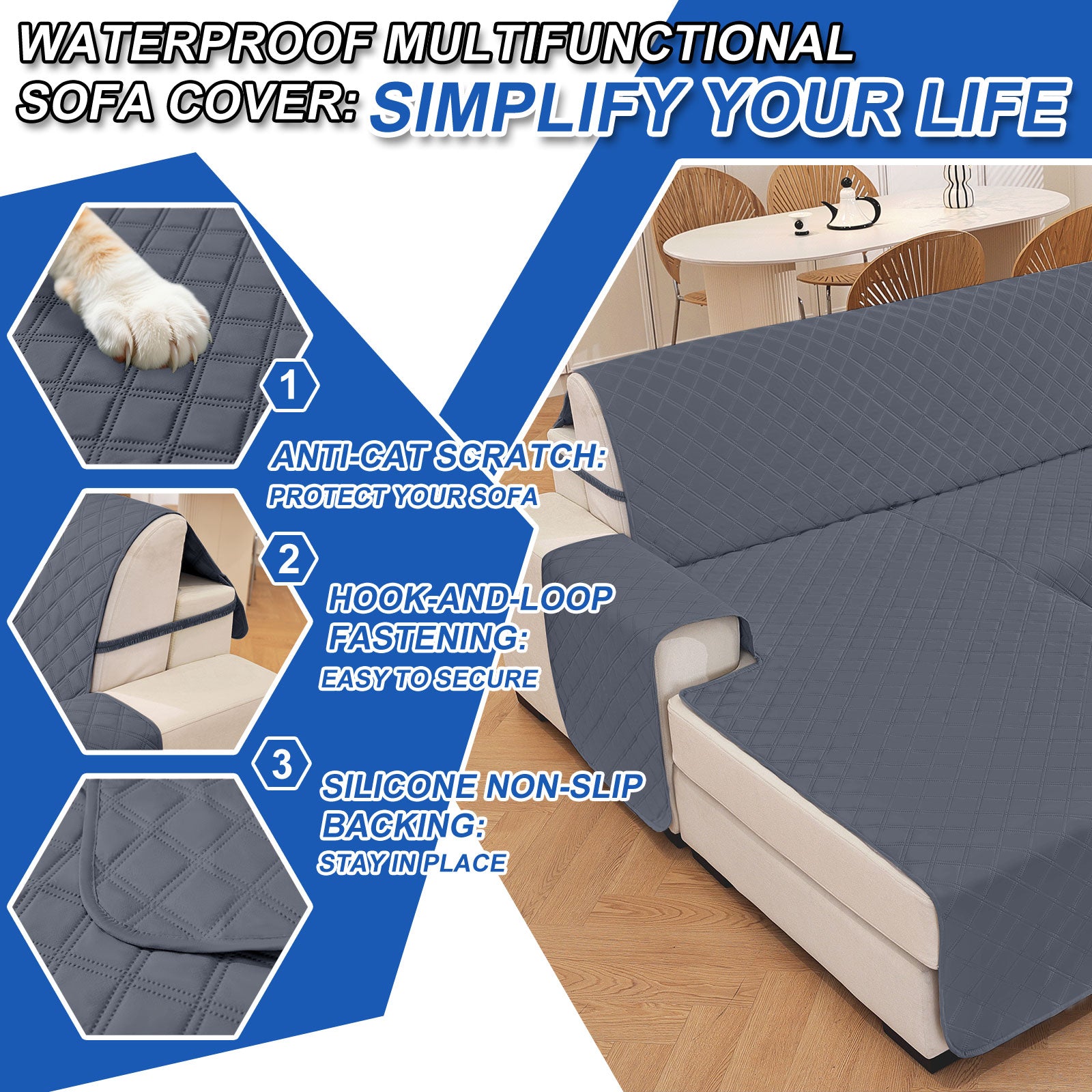 YSTYLE 100% Waterproof 2 Seater Corner Sofa Cover Reversible L Shape