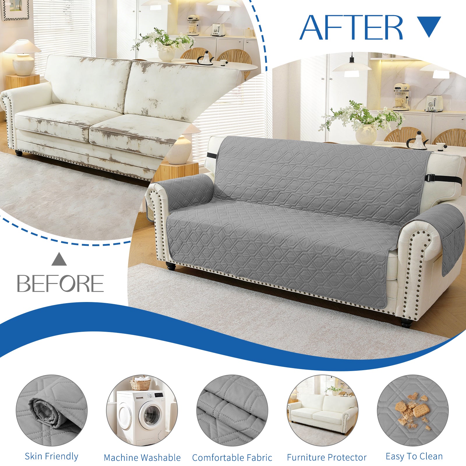 4 Seater Sofa Cover with Armrests Waterproof Anti Slip Pockets