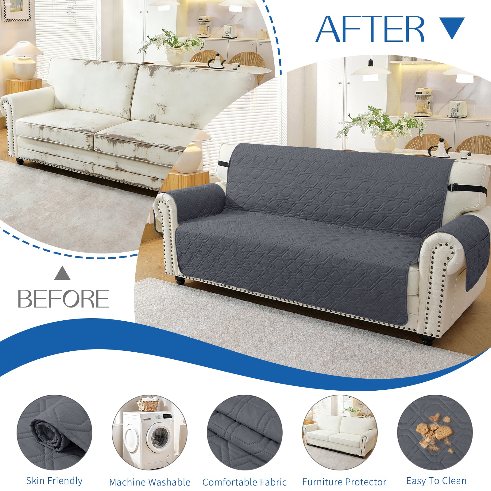4 Seater Sofa Cover with Armrests Waterproof Anti Slip Pockets