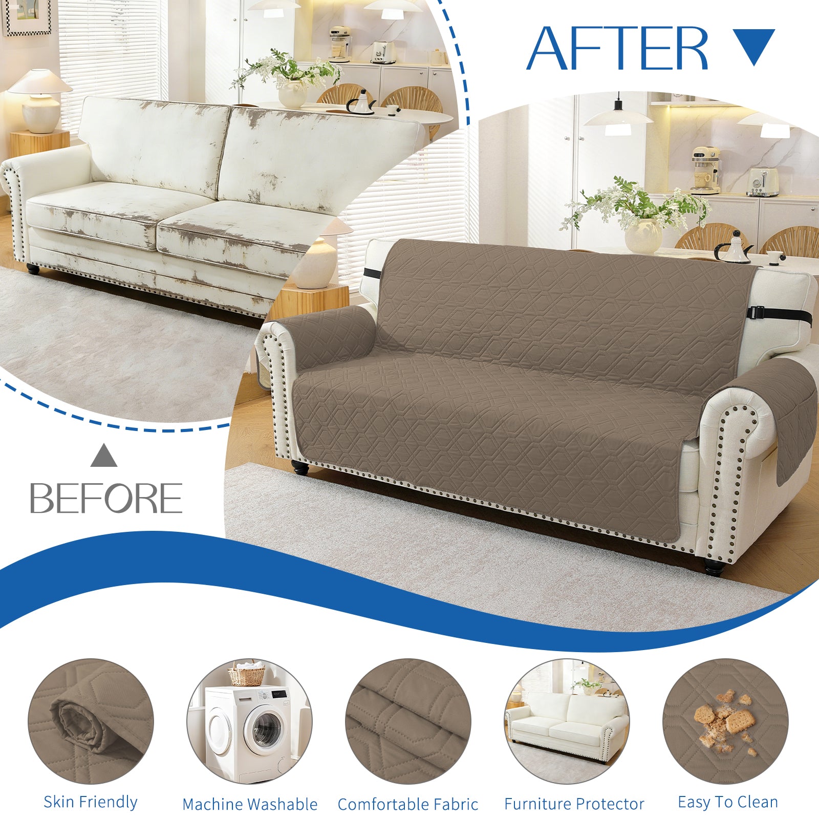 4 Seater Sofa Cover with Armrests Waterproof Anti Slip Pockets