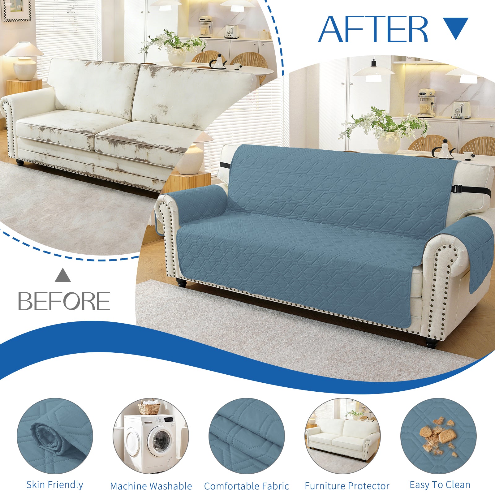 4 Seater Sofa Cover with Armrests Waterproof Anti Slip Pockets