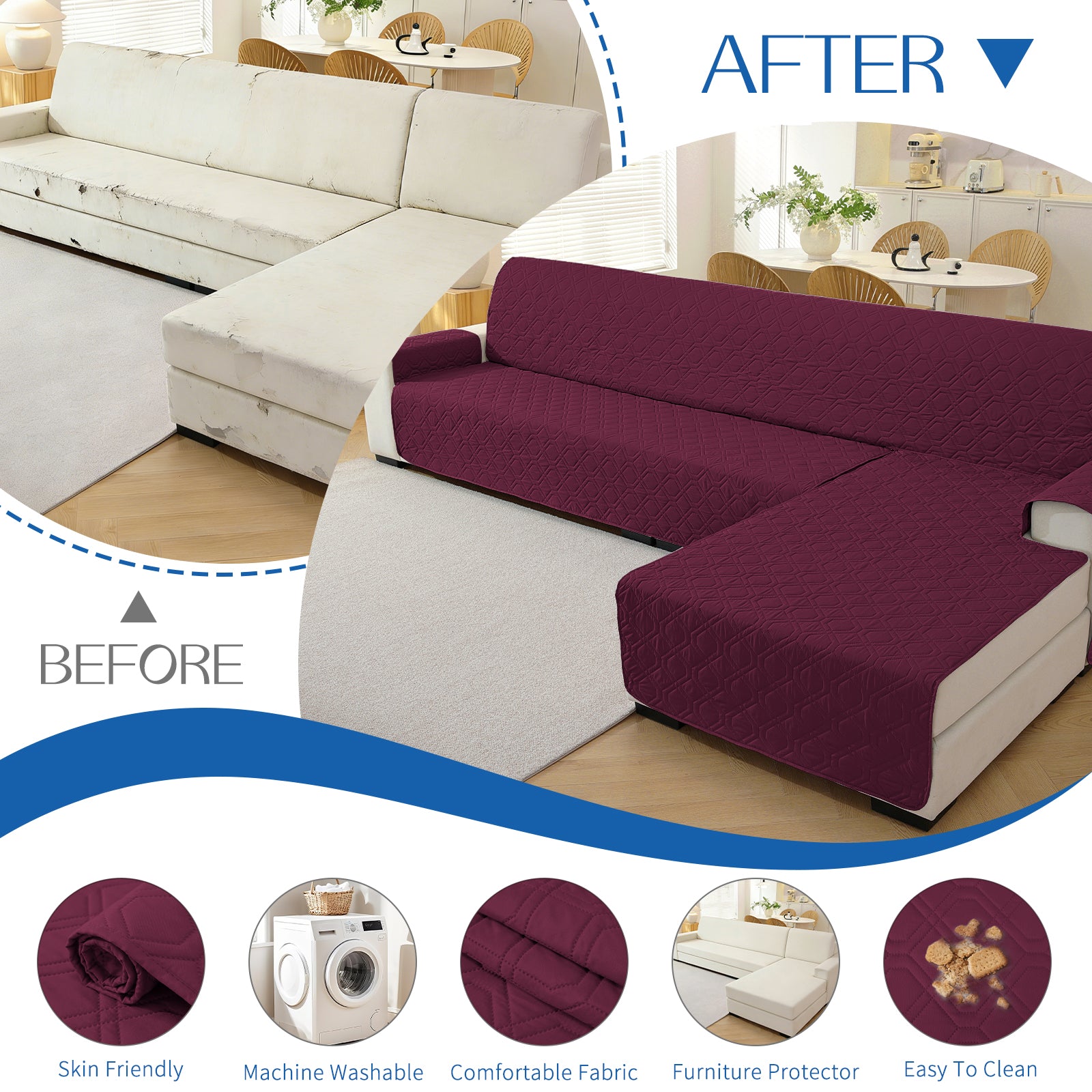 2 Seater Chaise canapé couverture imperméable Reversible antidérapant