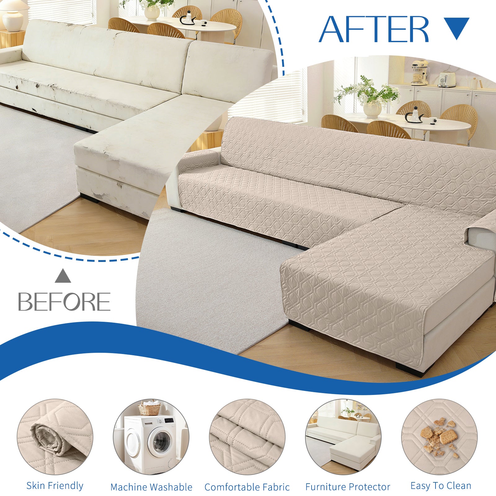 2 Seater Chaise canapé couverture imperméable Reversible antidérapant