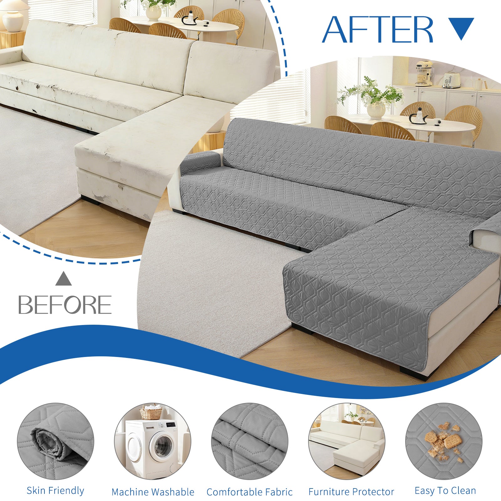 2 Seater Chaise canapé couverture imperméable Reversible antidérapant