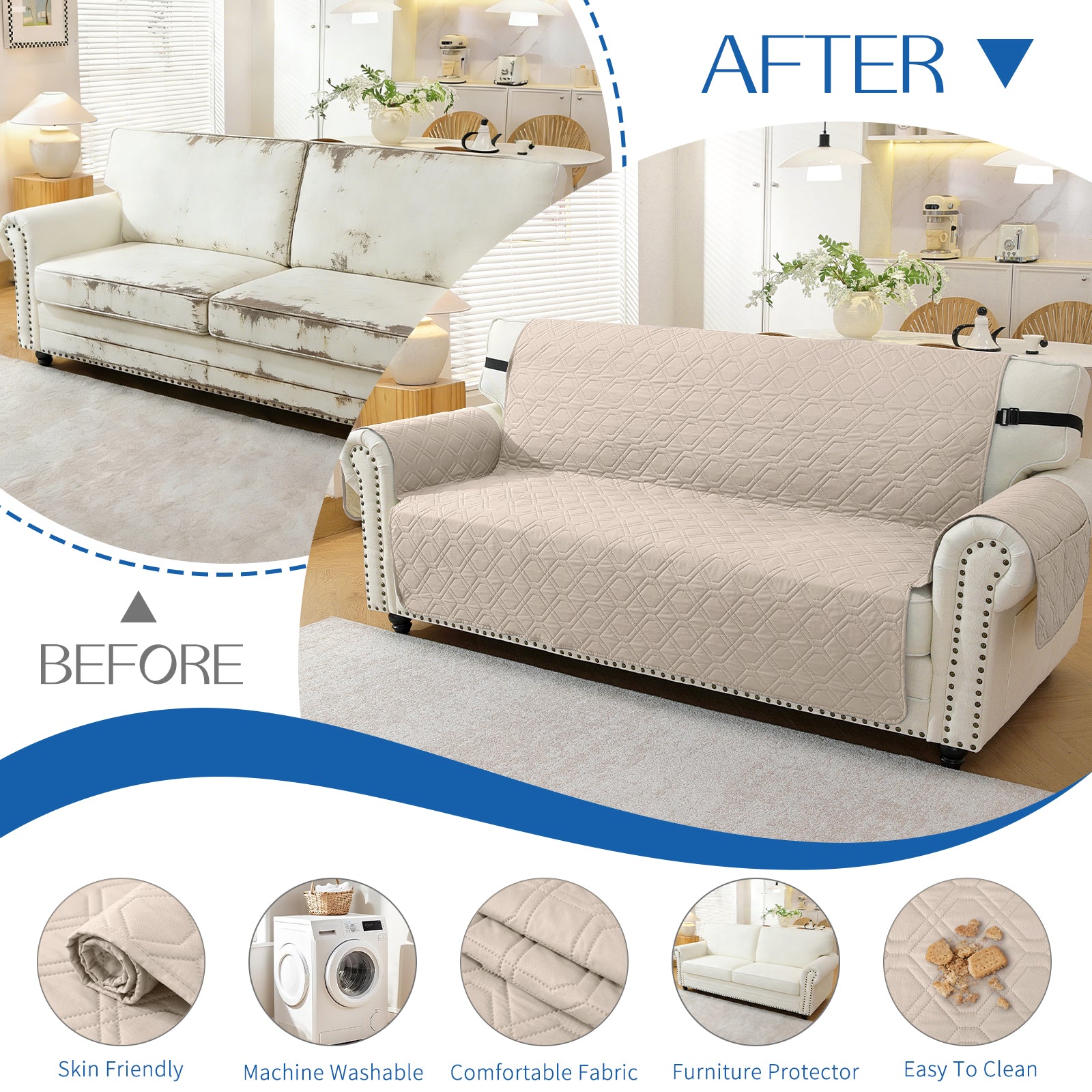 4 Seater Sofa Cover with Armrests Waterproof Anti Slip Pockets