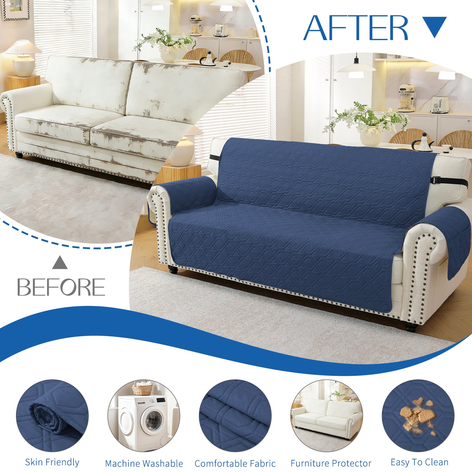4 Seater Sofa Cover with Armrests Waterproof Anti Slip Pockets
