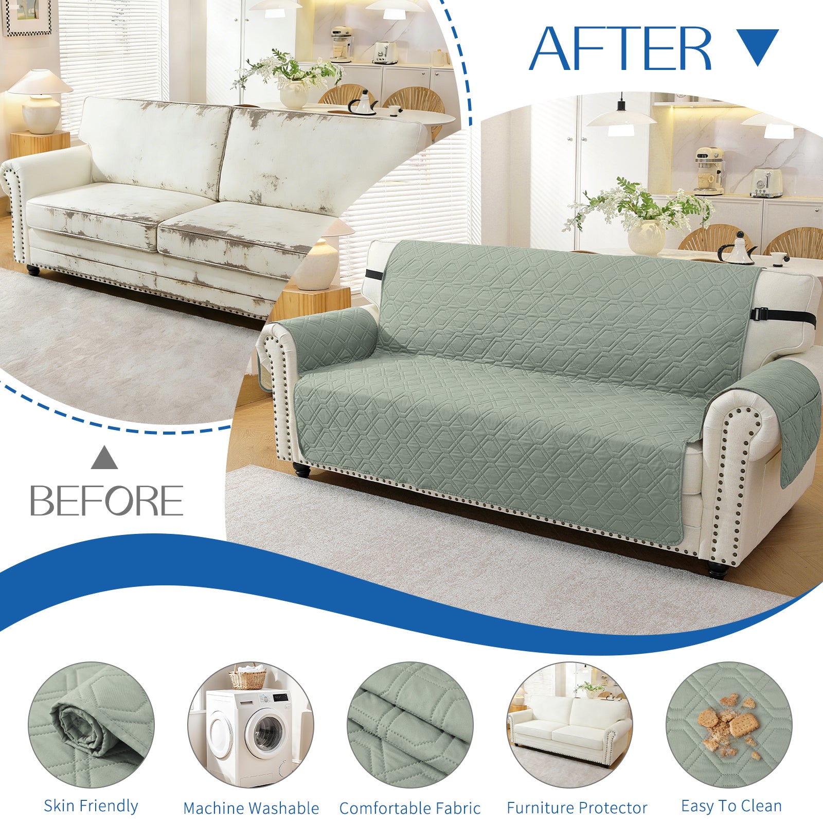 4 Seater Sofa Cover with Armrests Waterproof Anti Slip Pockets