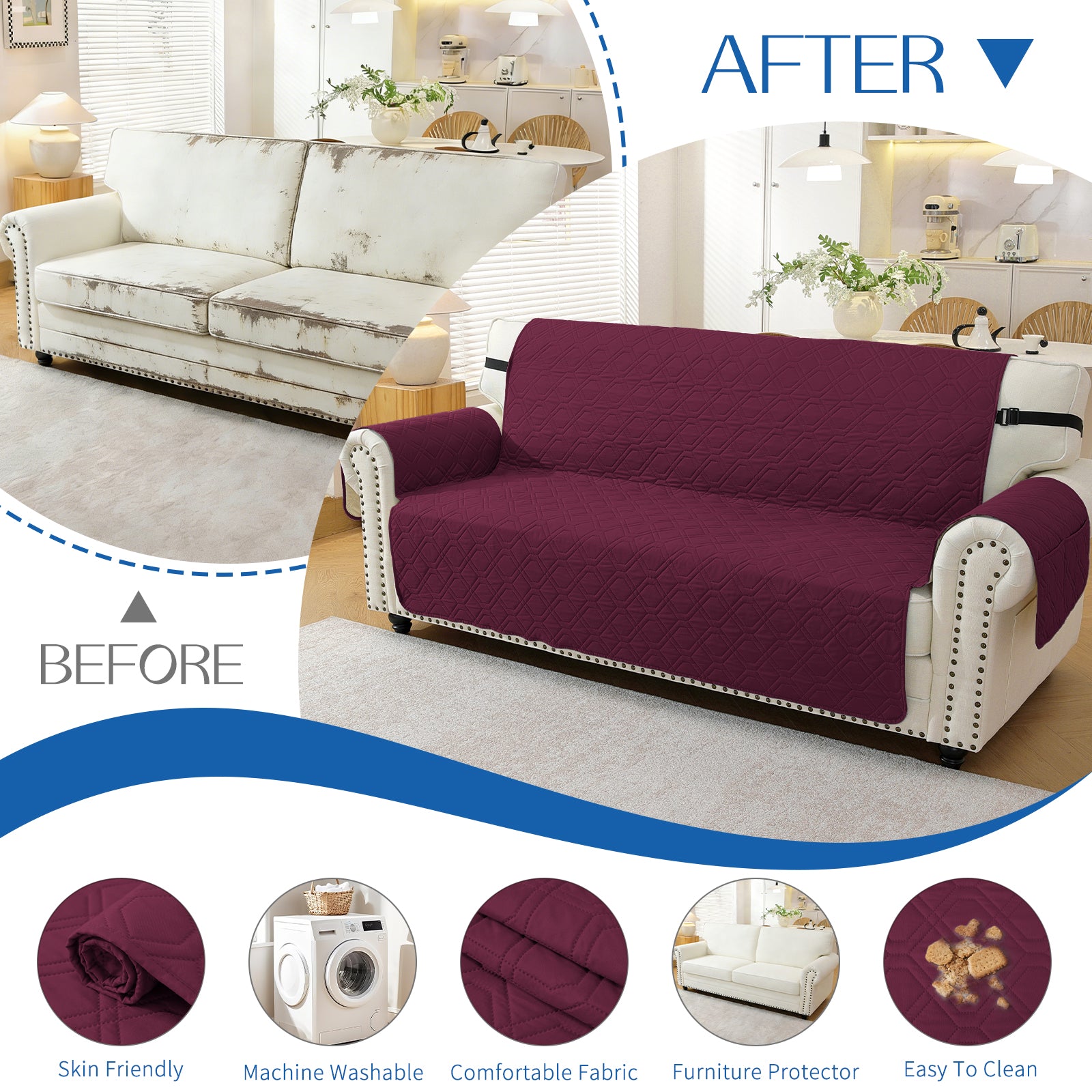 4 Seater Sofa Cover with Armrests Waterproof Anti Slip Pockets