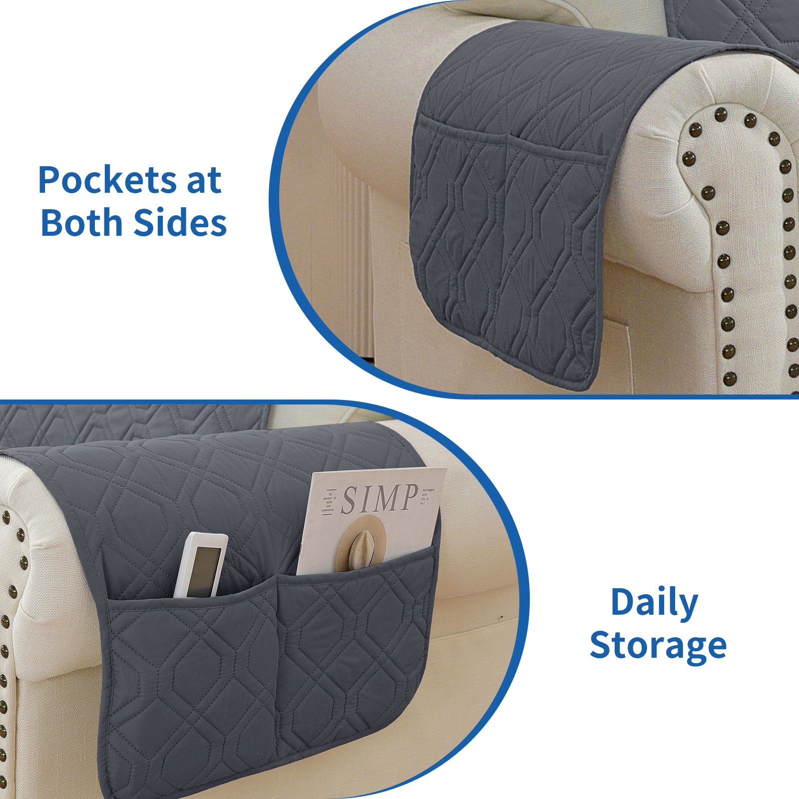 4 Seater Sofa Cover with Armrests Waterproof Anti Slip Pockets