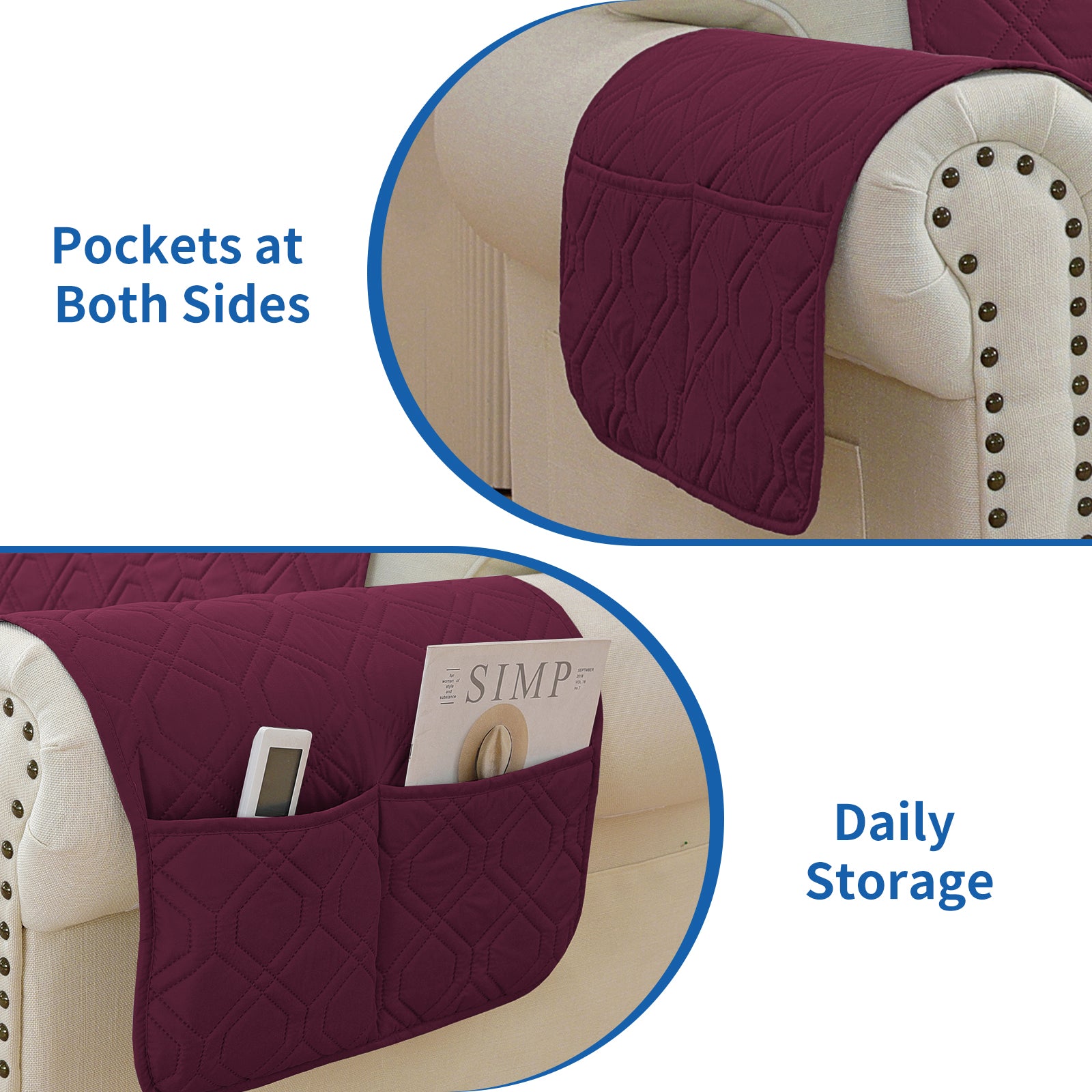 4 Seater Sofa Cover with Armrests Waterproof Anti Slip Pockets