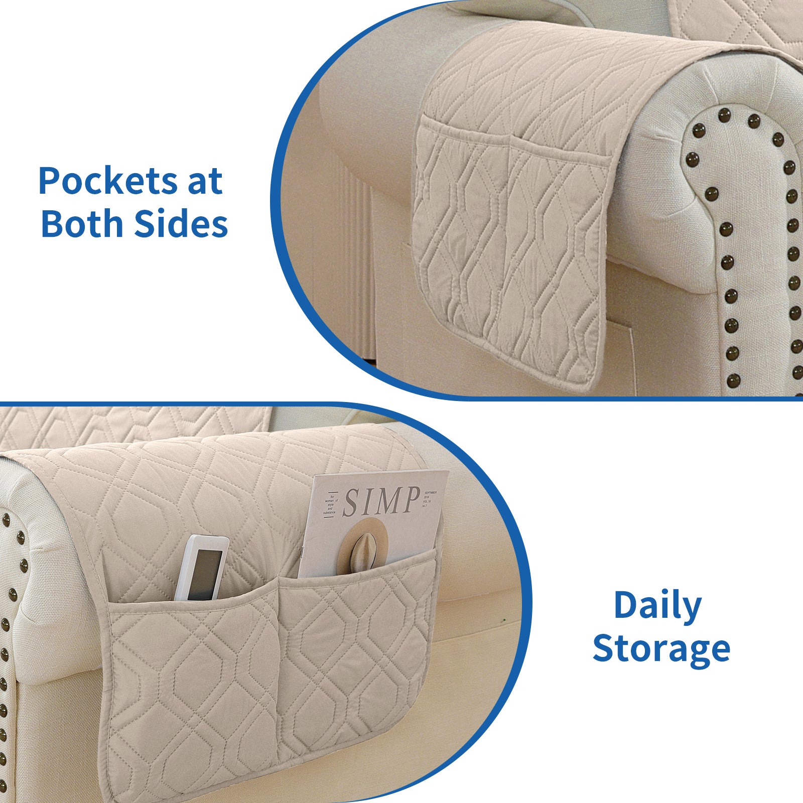 4 Seater Sofa Cover with Armrests Waterproof Anti Slip Pockets