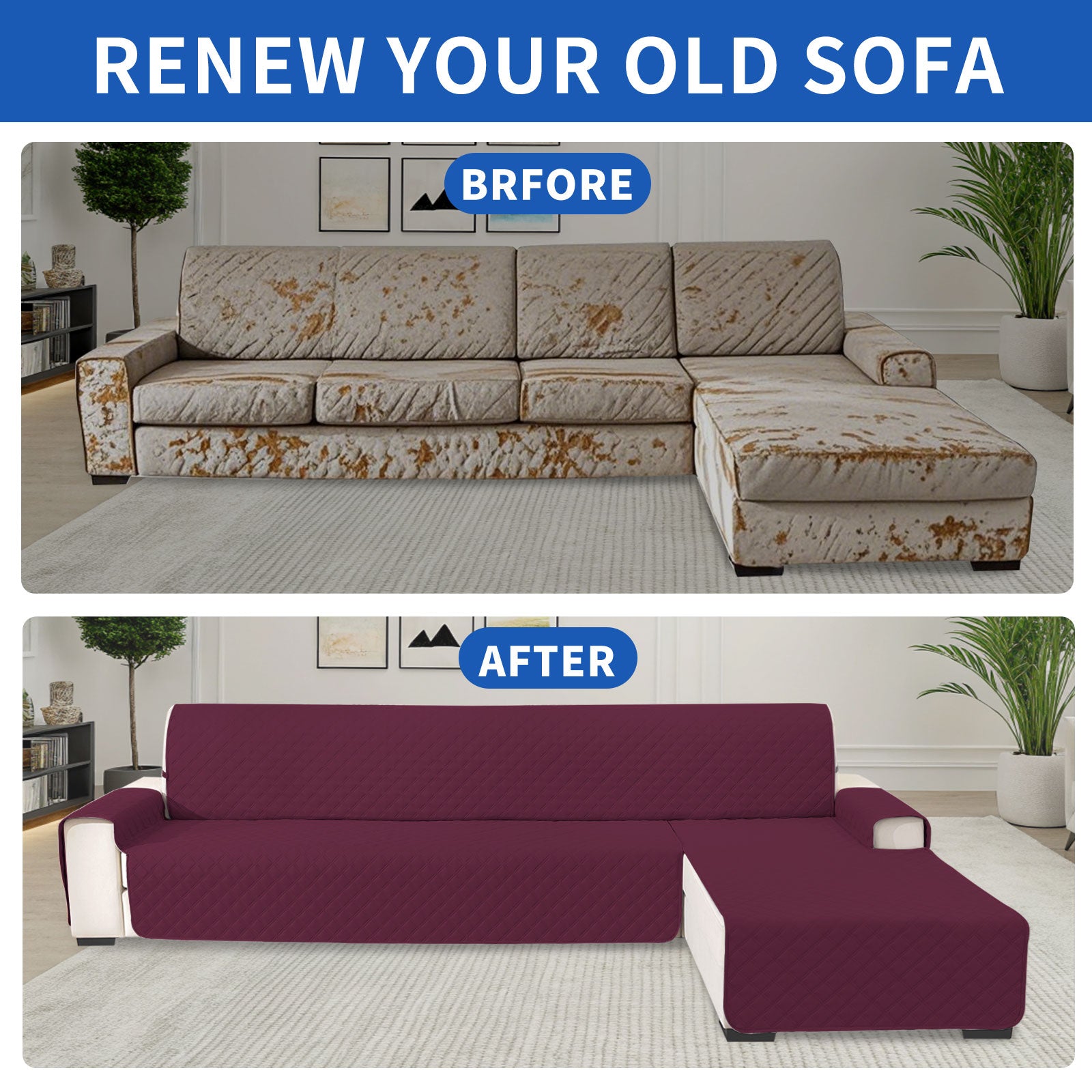 YSTYLE 100% Waterproof 2 Seater Corner Sofa Cover Reversible L Shape