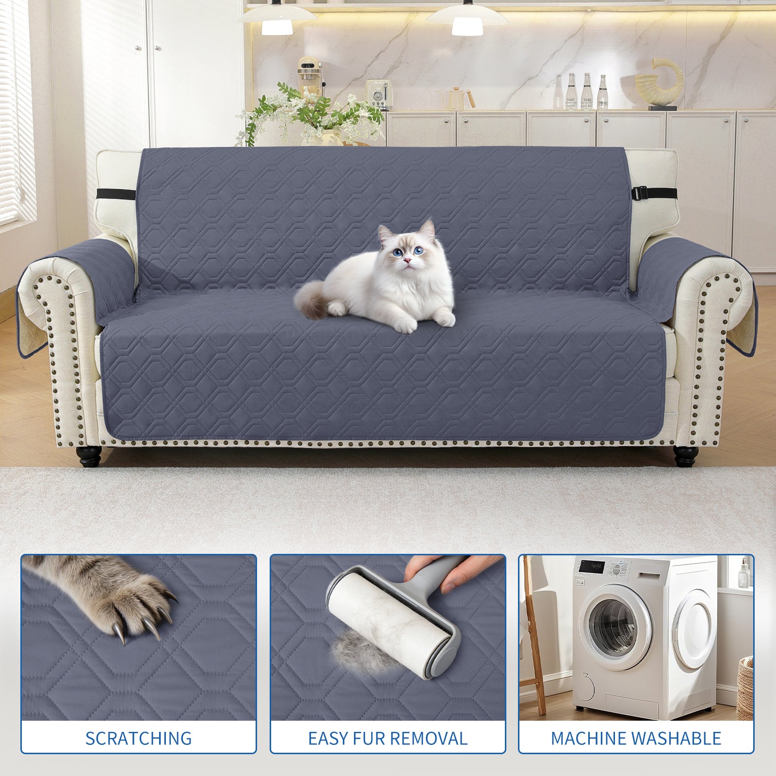 4 Seater Sofa Cover with Armrests Waterproof Anti Slip Pockets