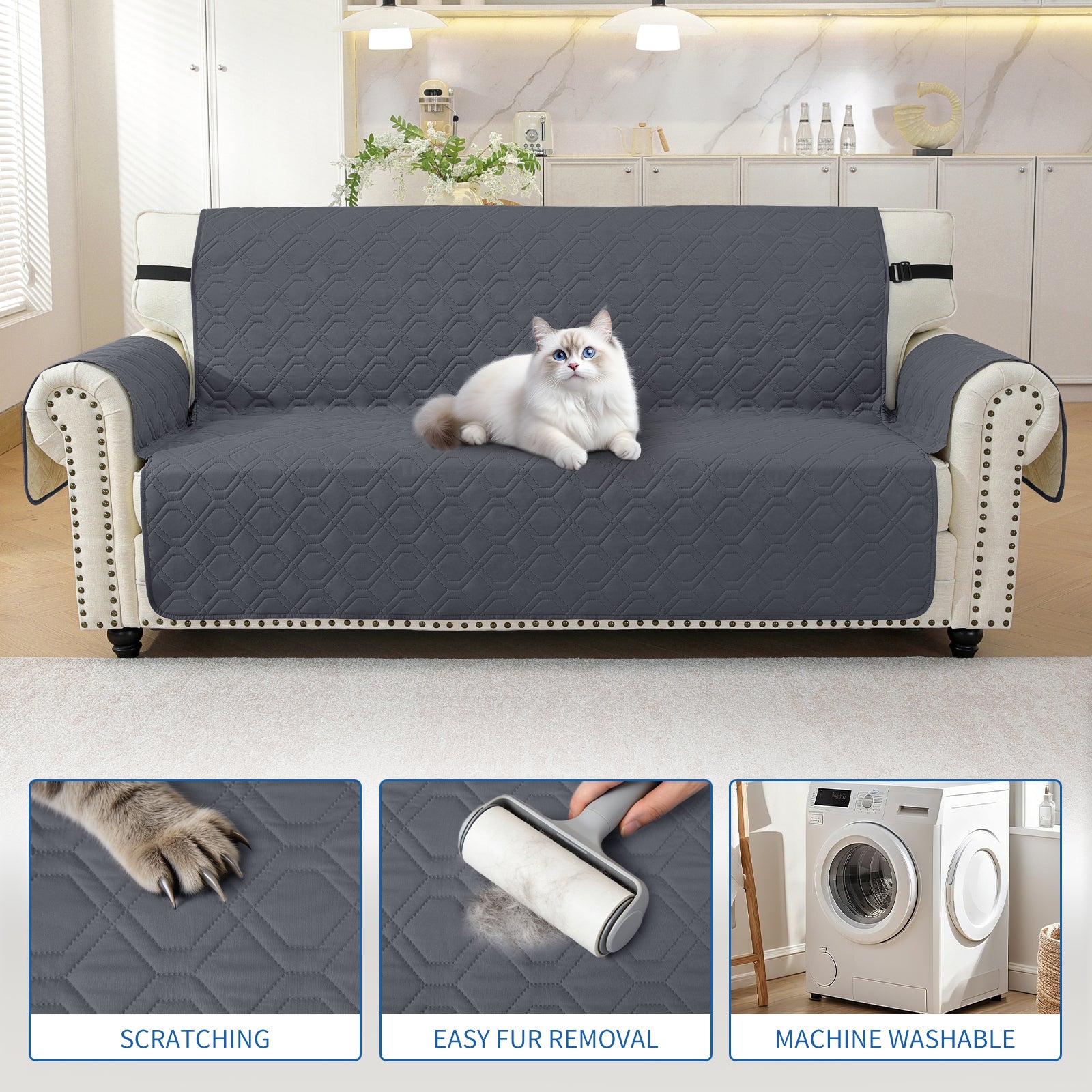 4 Seater Sofa Cover with Armrests Waterproof Anti Slip Pockets