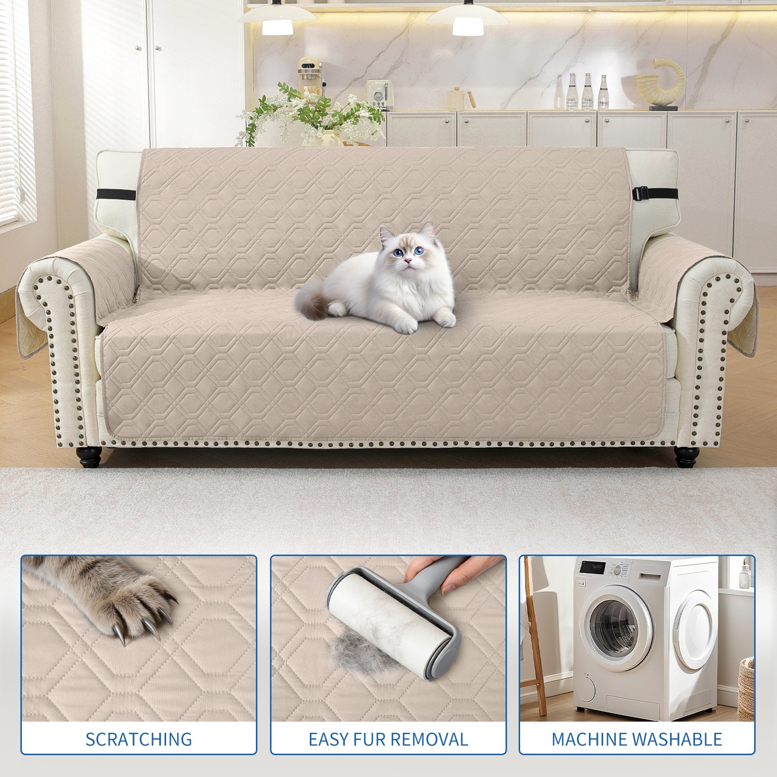 4 Seater Sofa Cover with Armrests Waterproof Anti Slip Pockets