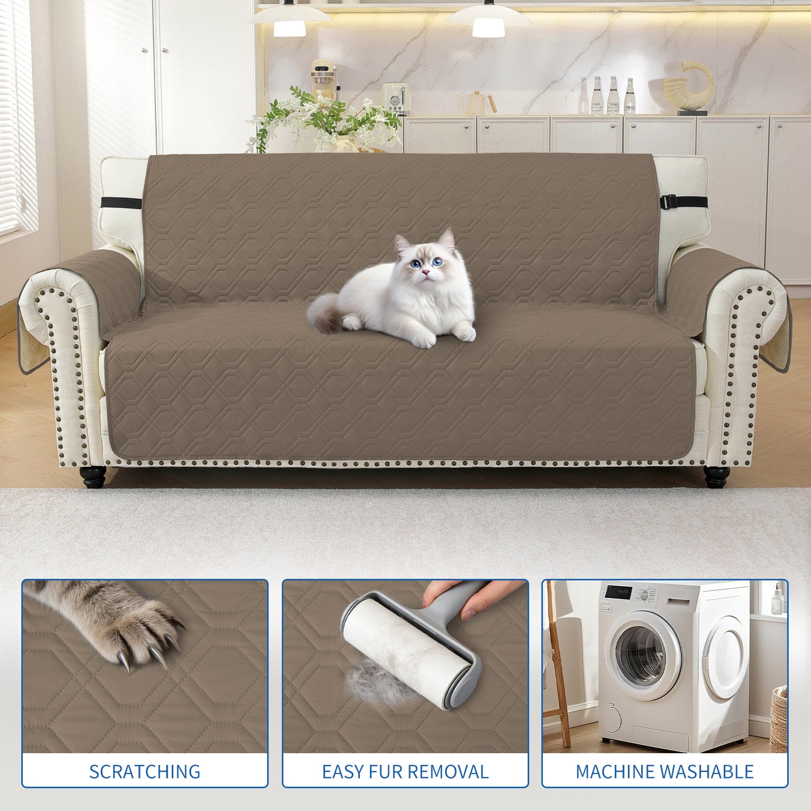 4 Seater Sofa Cover with Armrests Waterproof Anti Slip Pockets