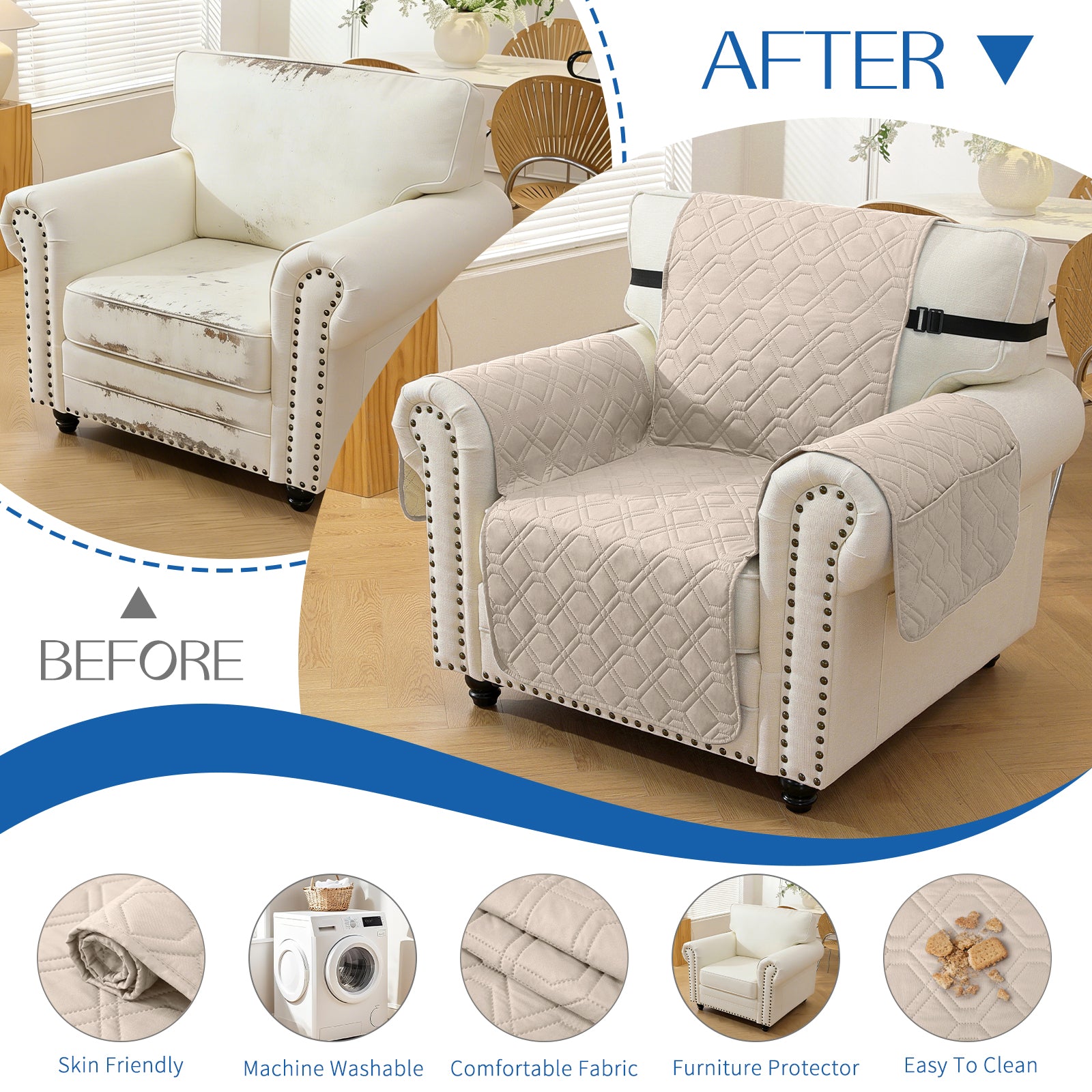 4 Seater Sofa Cover with Armrests Waterproof Anti Slip Pockets