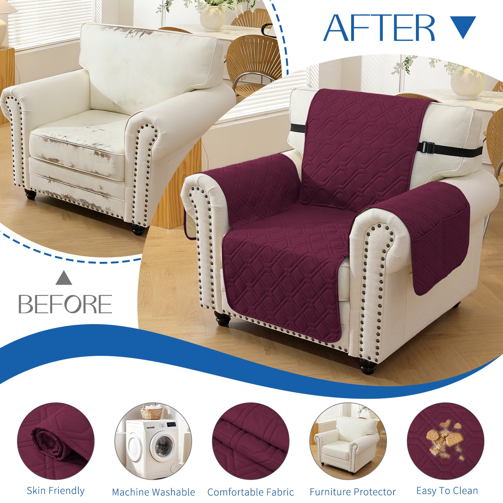 4 Seater Sofa Cover with Armrests Waterproof Anti Slip Pockets