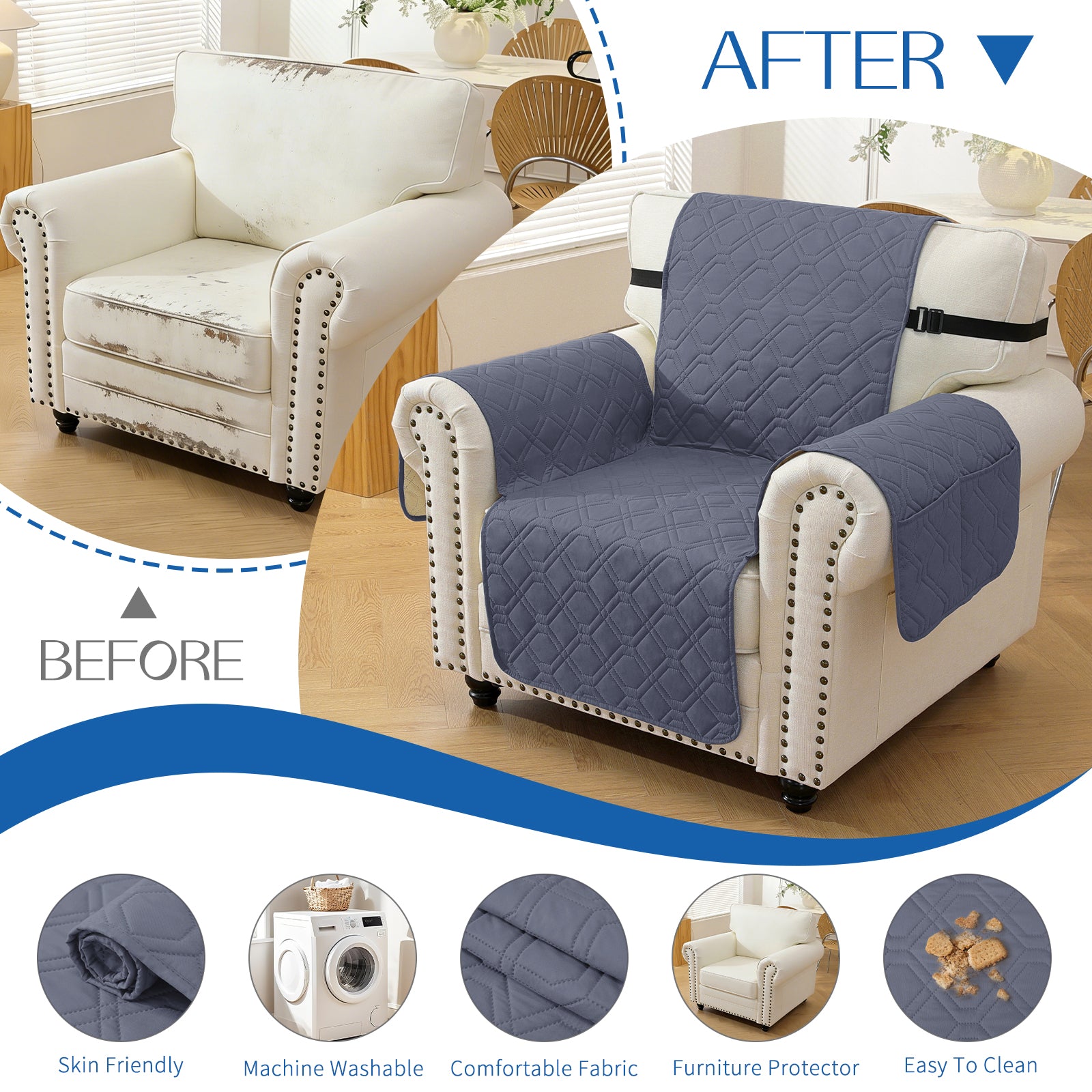 4 Seater Sofa Cover with Armrests Waterproof Anti Slip Pockets