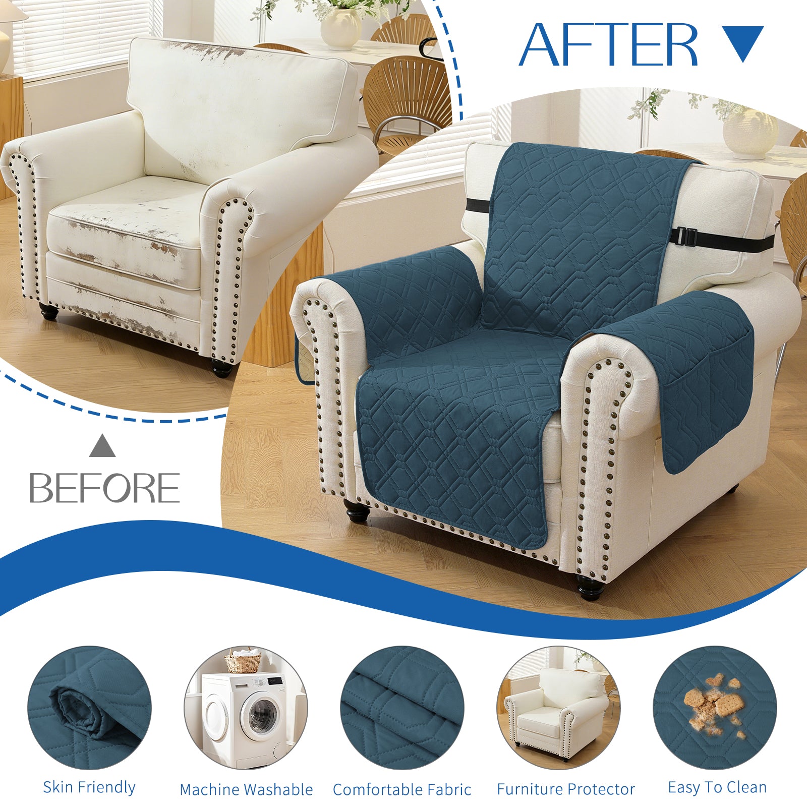 4 Seater Sofa Cover with Armrests Waterproof Anti Slip Pockets