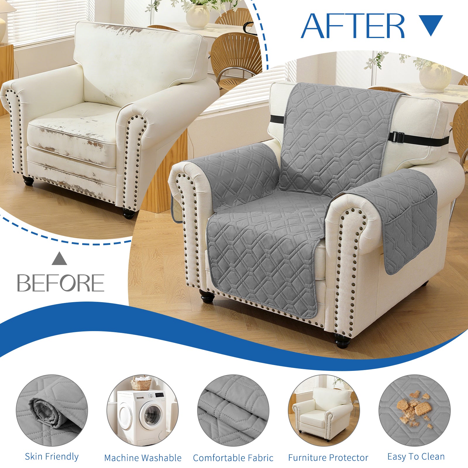 4 Seater Sofa Cover with Armrests Waterproof Anti Slip Pockets