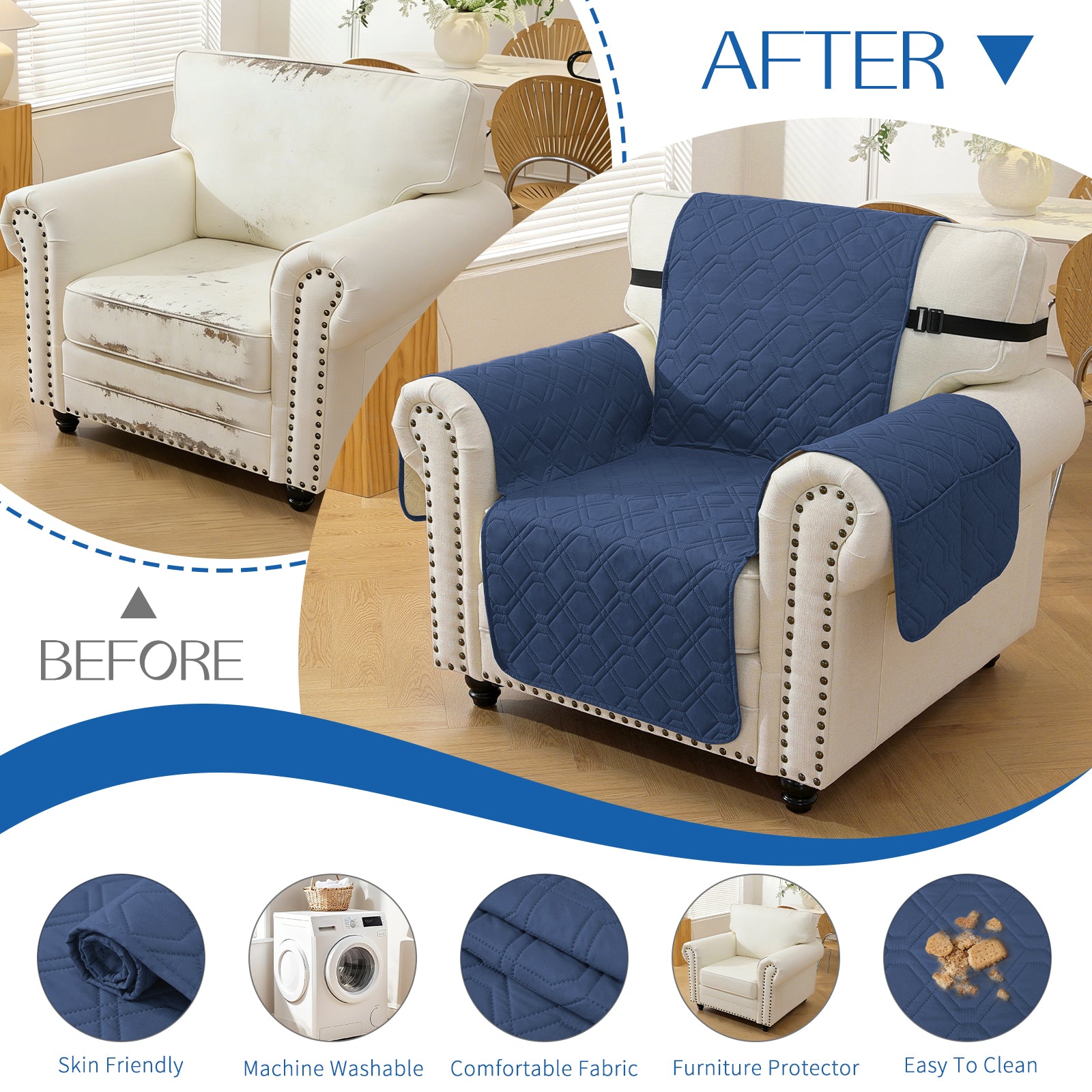 4 Seater Sofa Cover with Armrests Waterproof Anti Slip Pockets