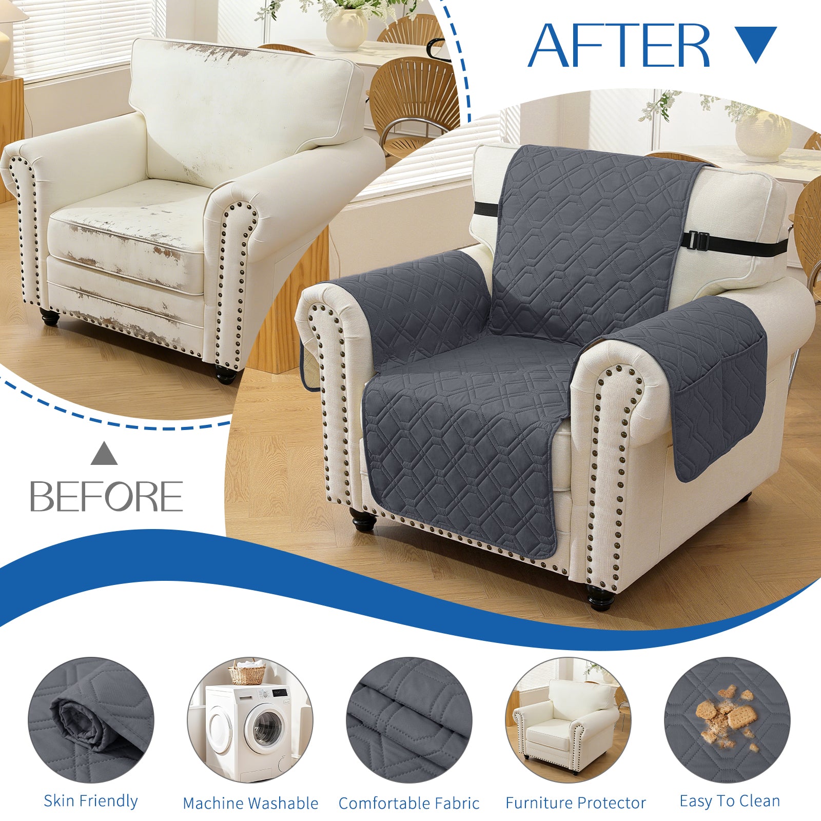 4 Seater Sofa Cover with Armrests Waterproof Anti Slip Pockets