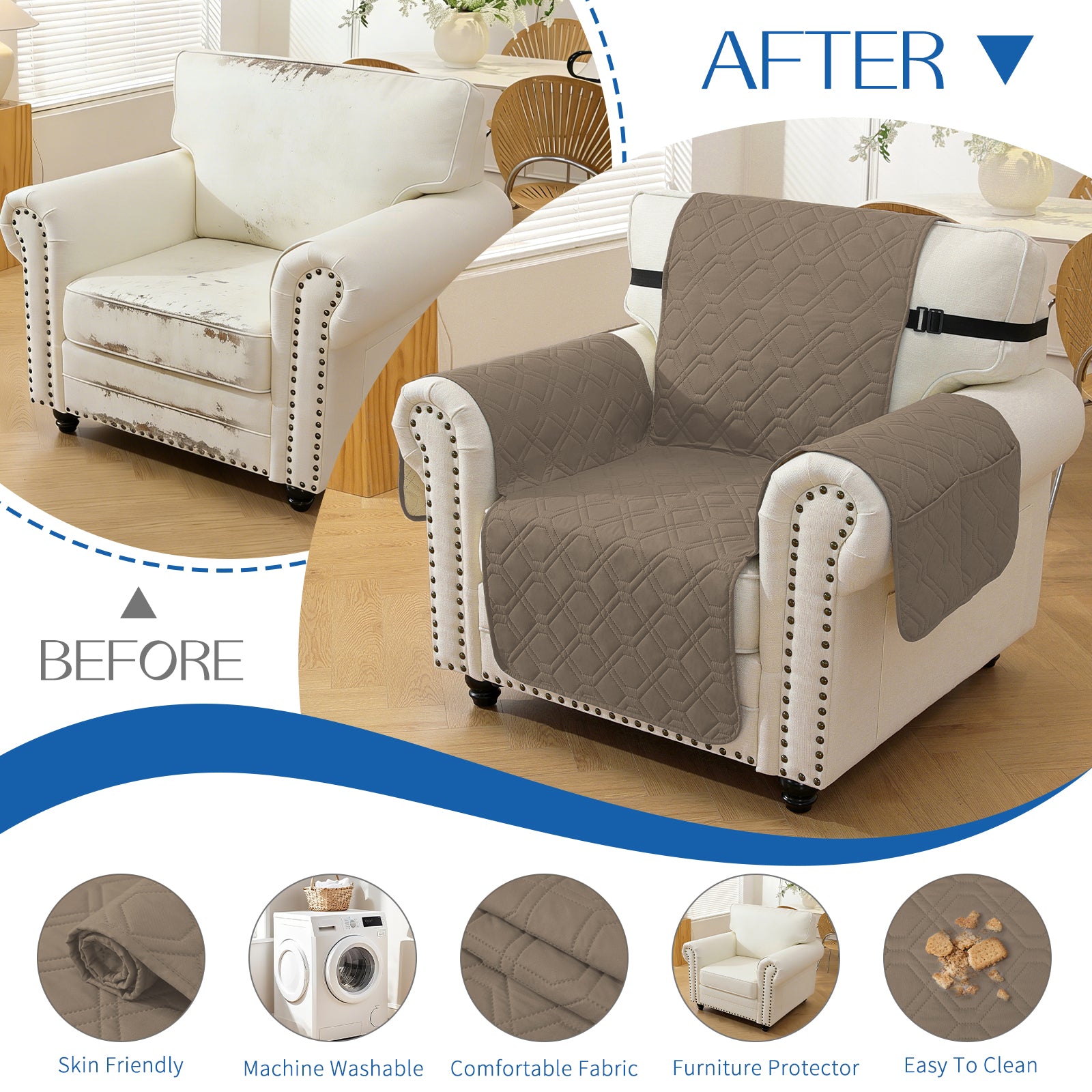 4 Seater Sofa Cover with Armrests Waterproof Anti Slip Pockets