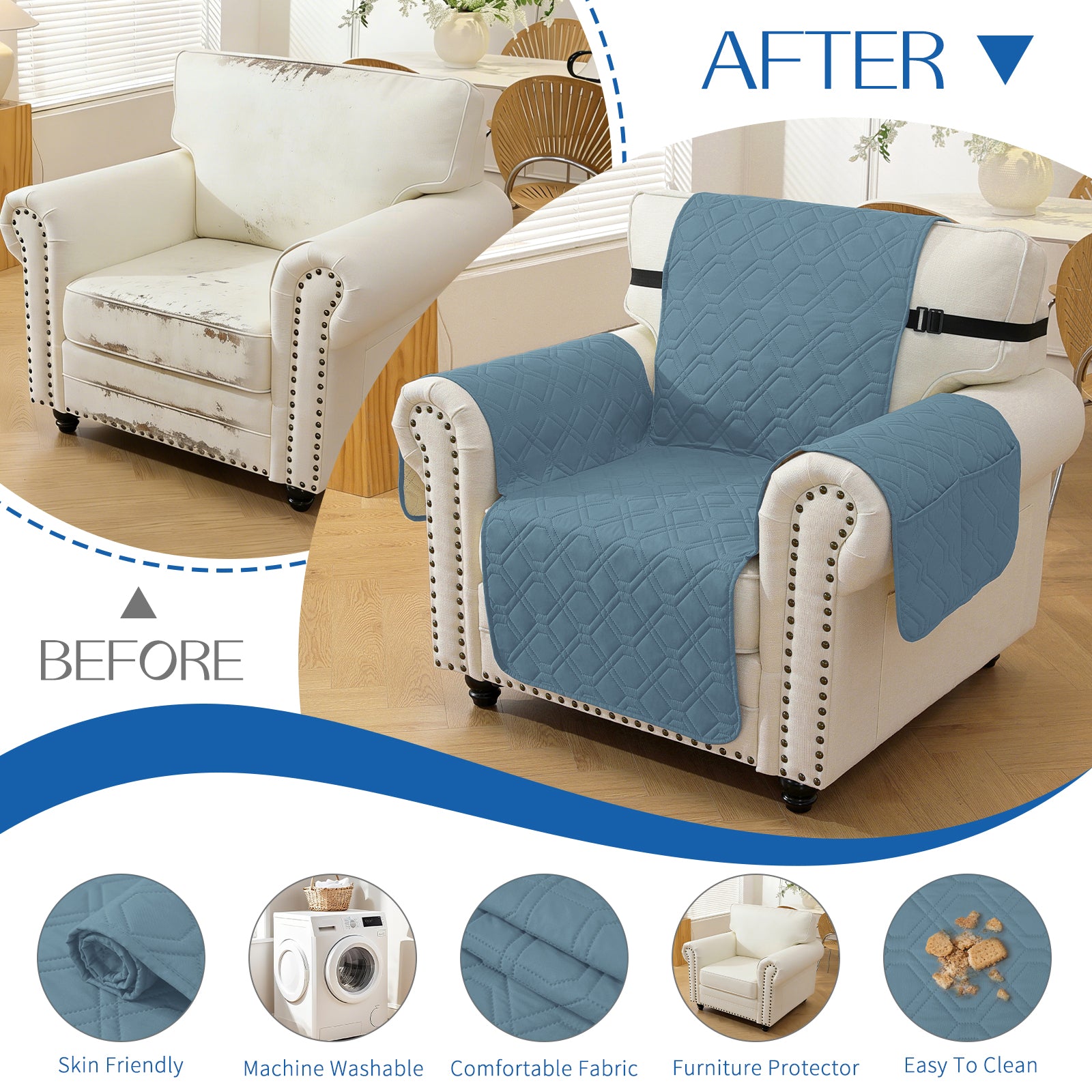 4 Seater Sofa Cover with Armrests Waterproof Anti Slip Pockets