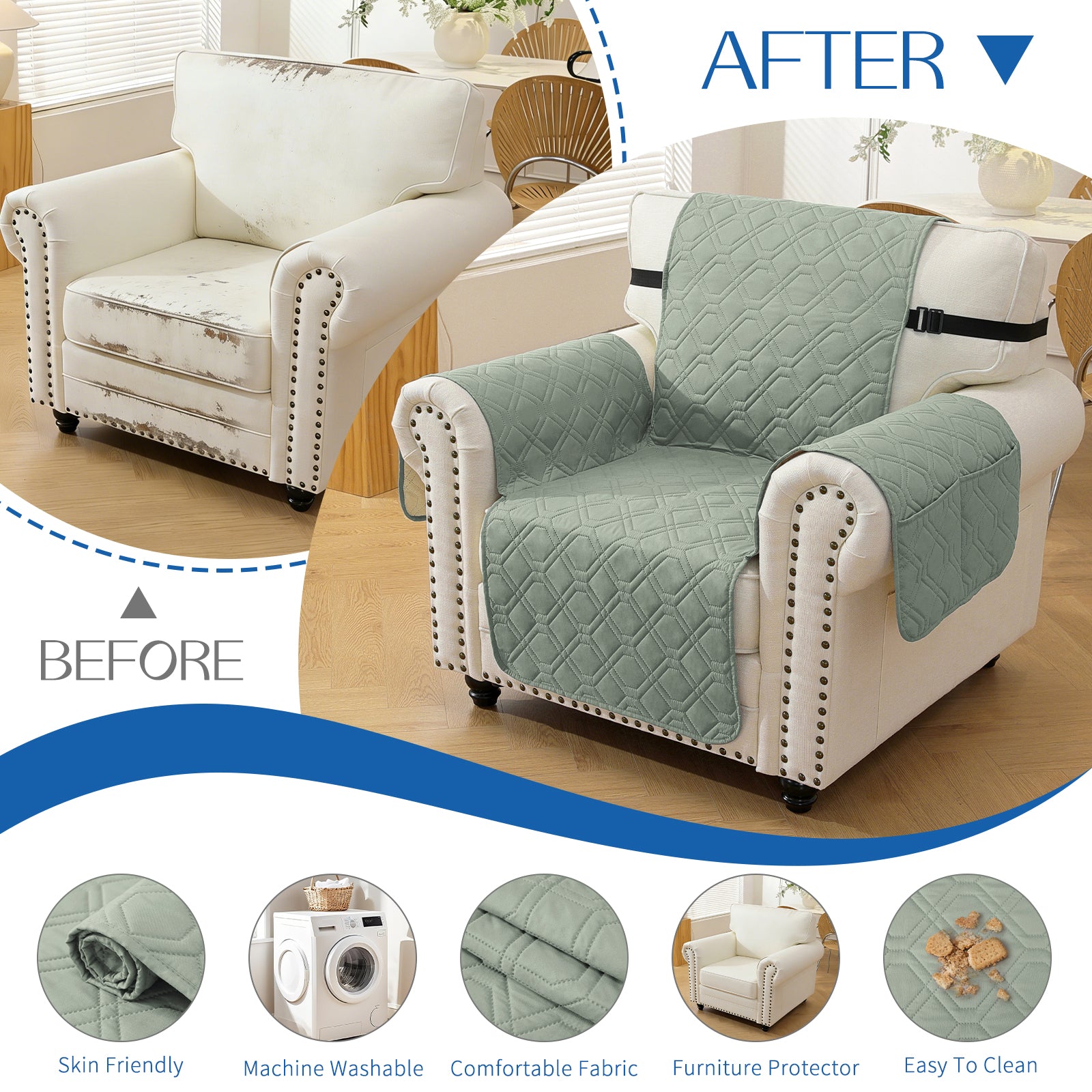 4 Seater Sofa Cover with Armrests Waterproof Anti Slip Pockets