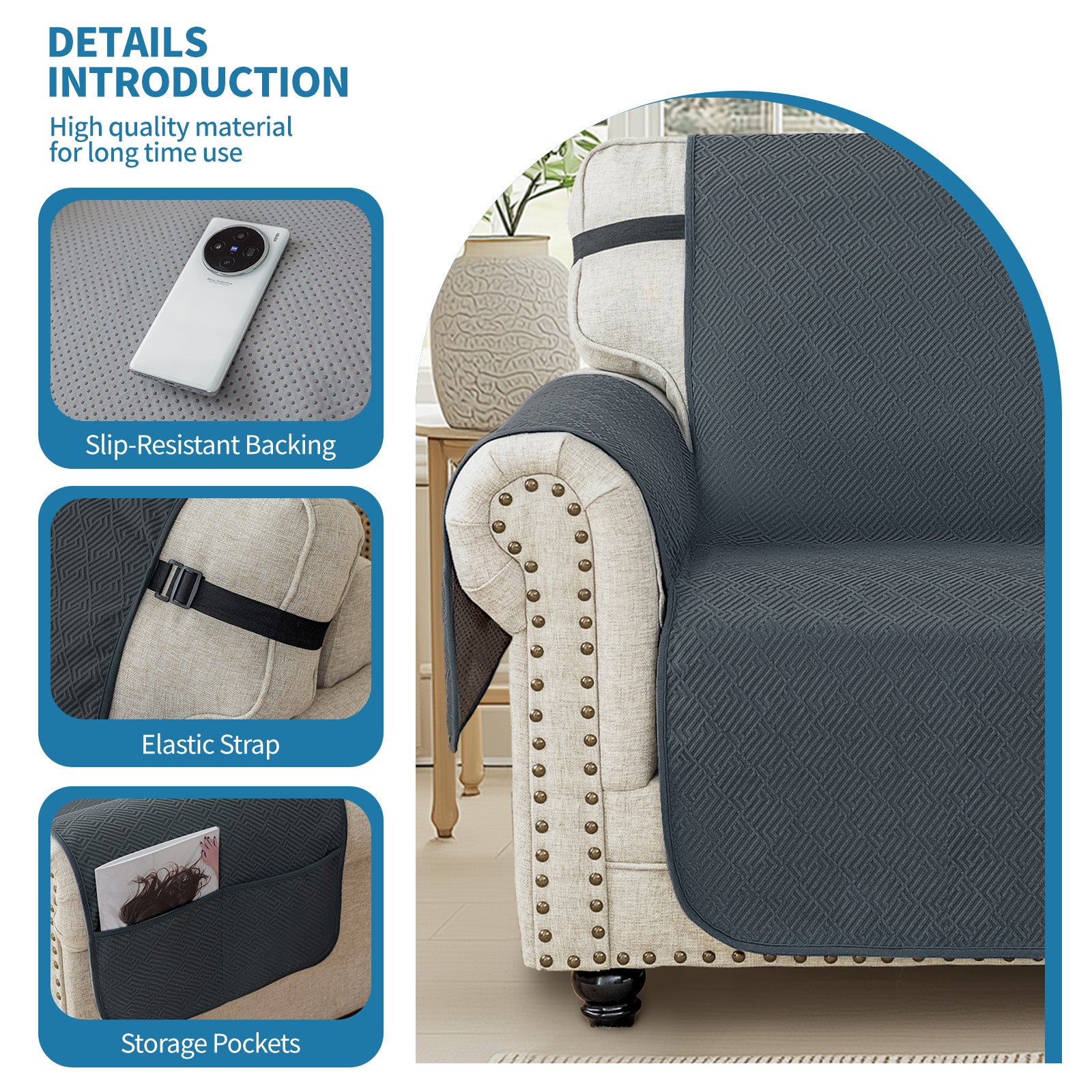 4 Seater Sofa Cover with Armrests in Anti-Scratch Non-Slip Green Fabric