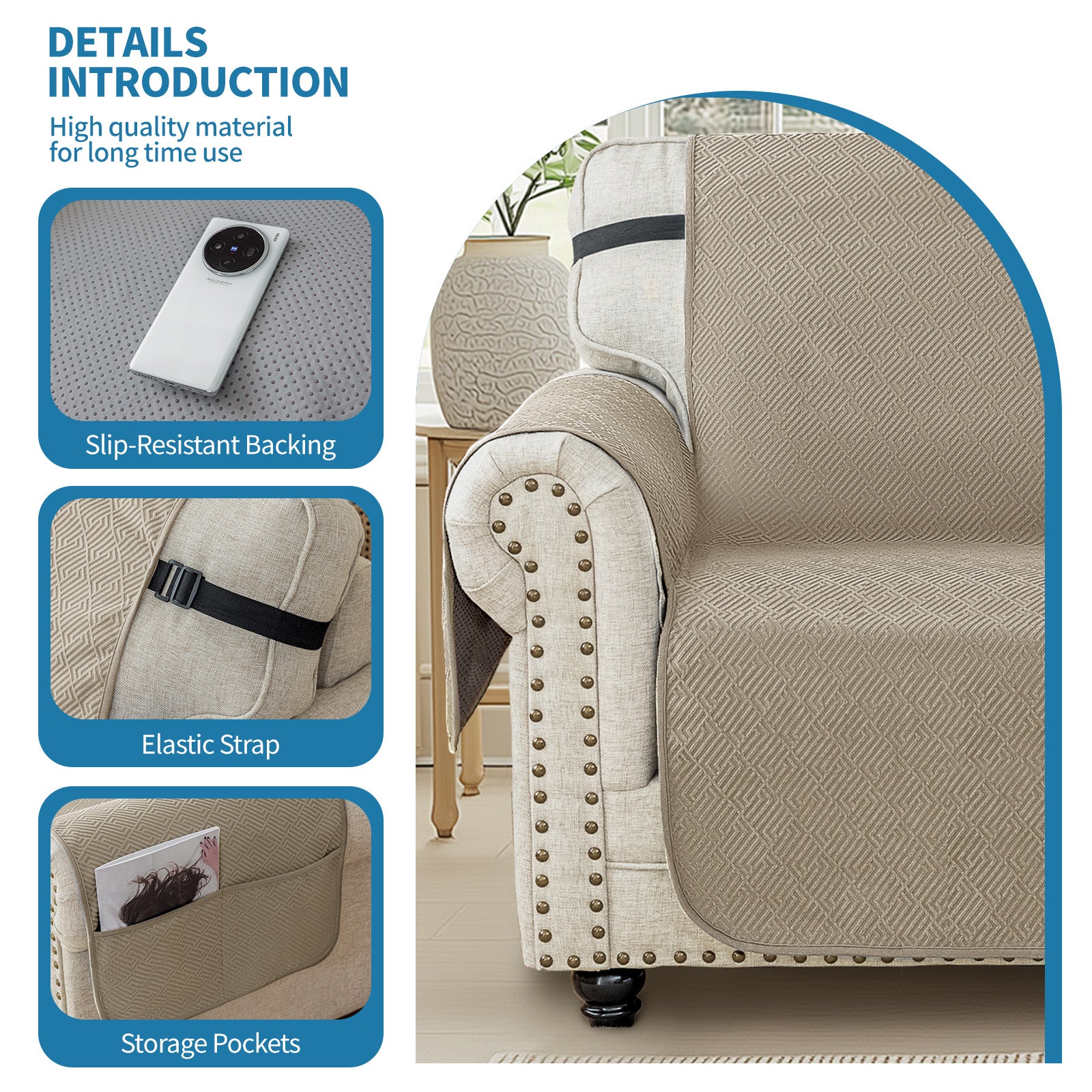 4 Seater Sofa Cover with Armrests in Anti-Scratch Non-Slip Green Fabric