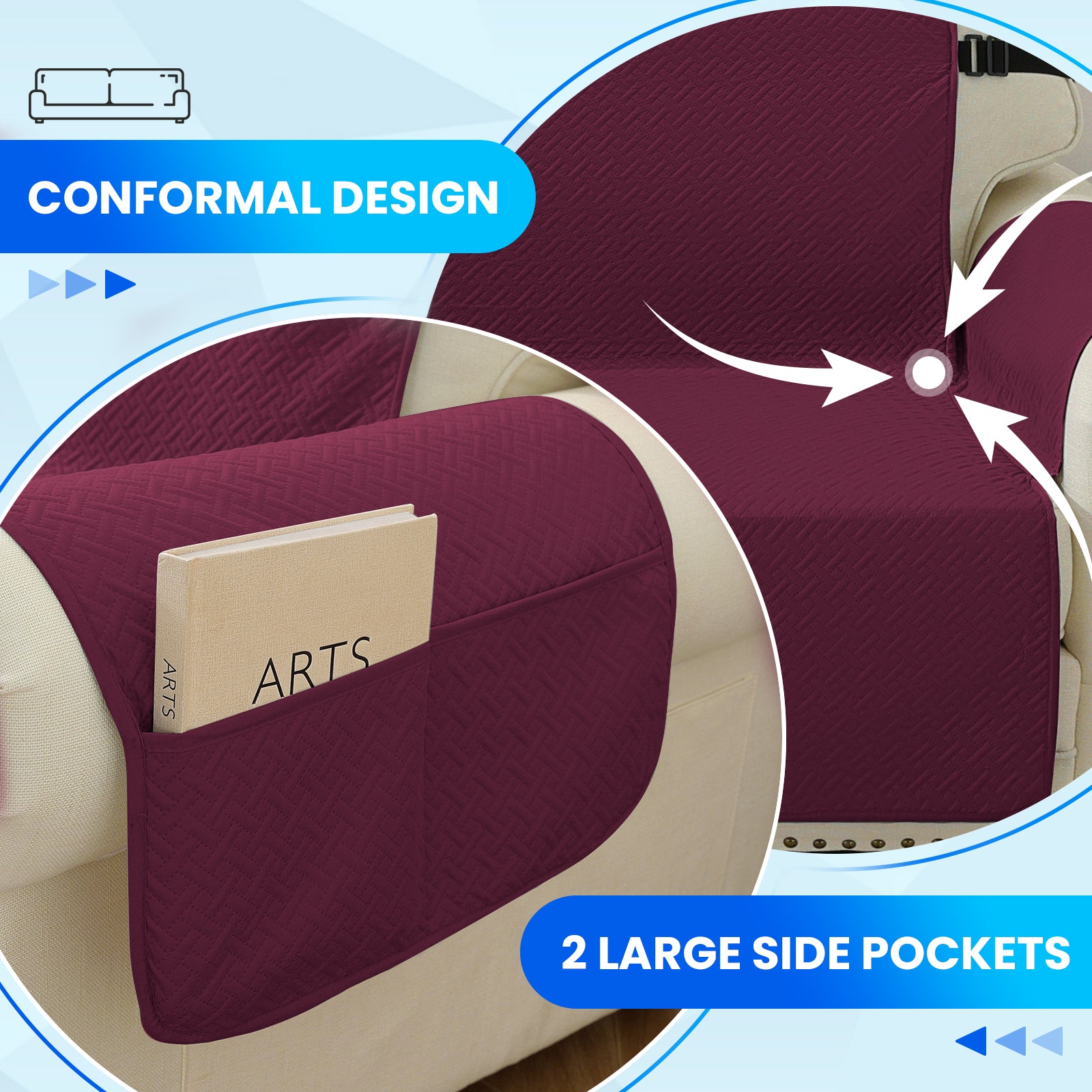 imperméable canapé couverture with Side Pockets and antidérapant design