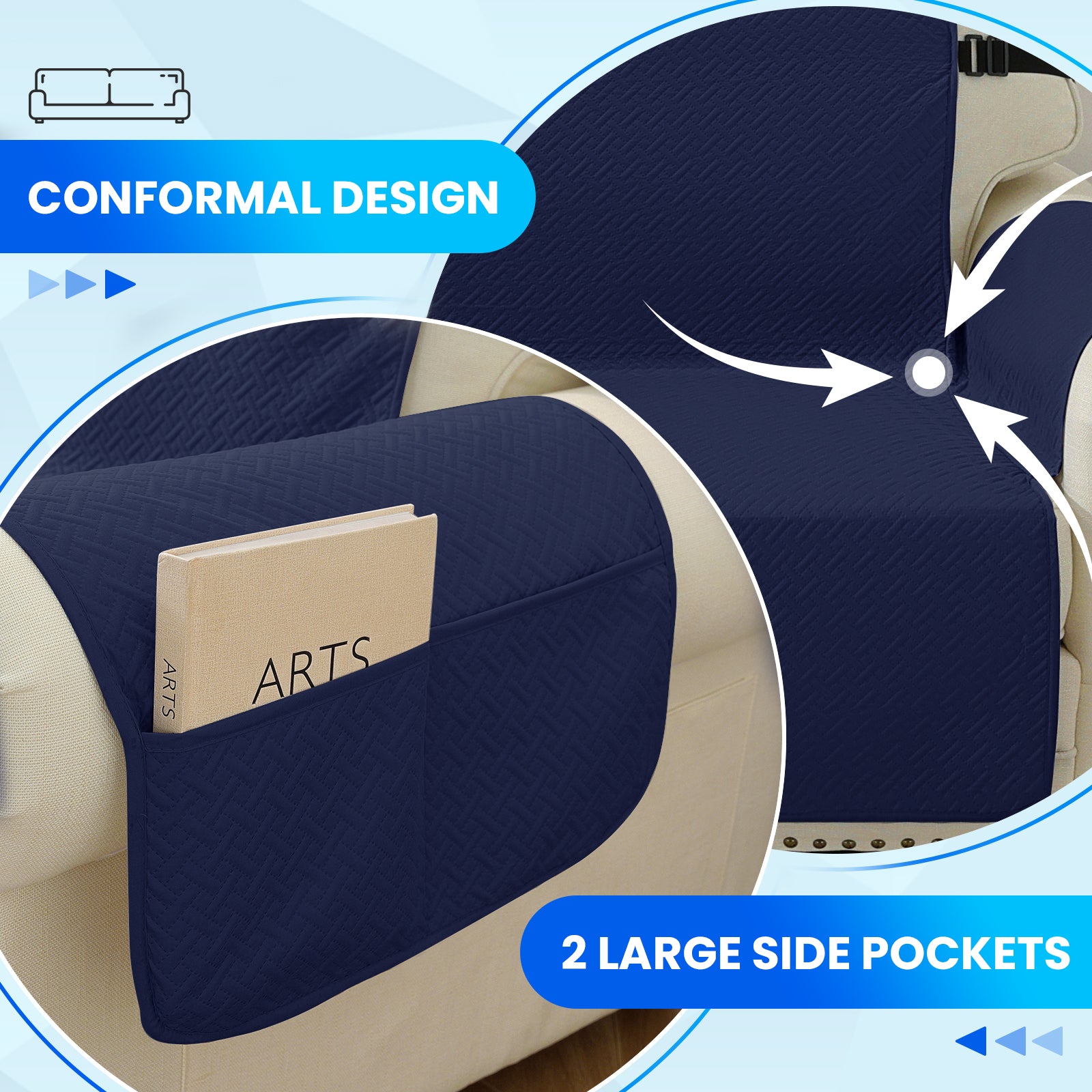imperméable canapé couverture with Side Pockets and antidérapant design