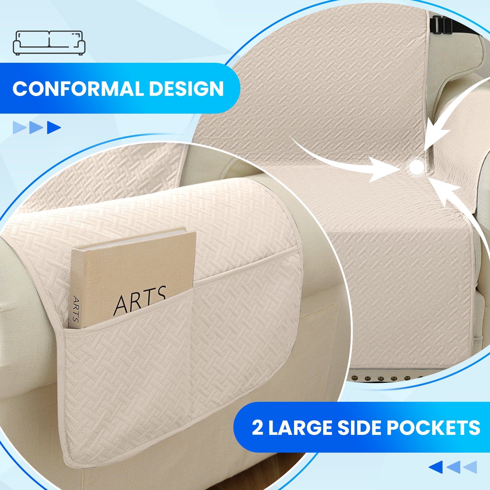 imperméable canapé couverture with Side Pockets and antidérapant design