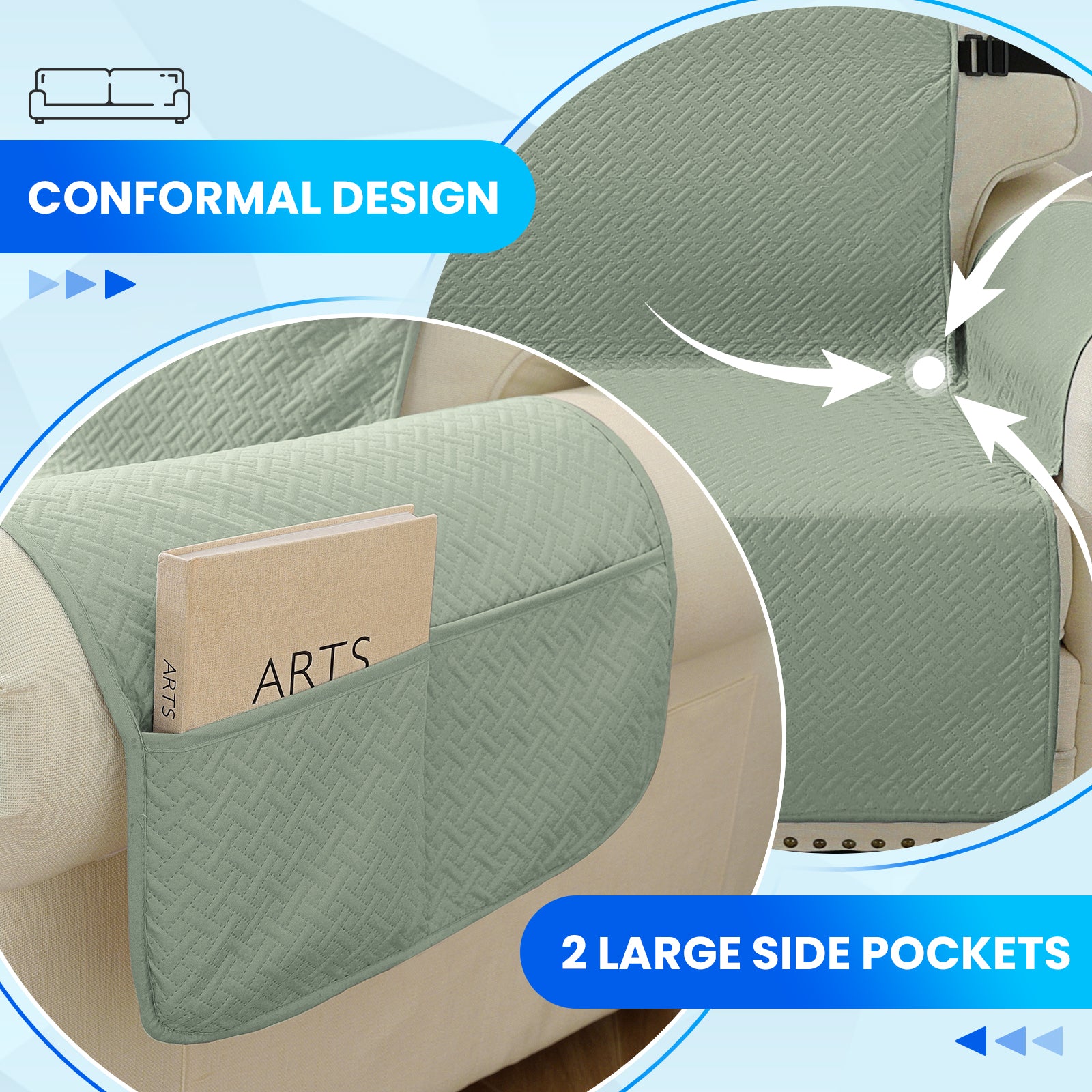 imperméable canapé couverture with Side Pockets and antidérapant design